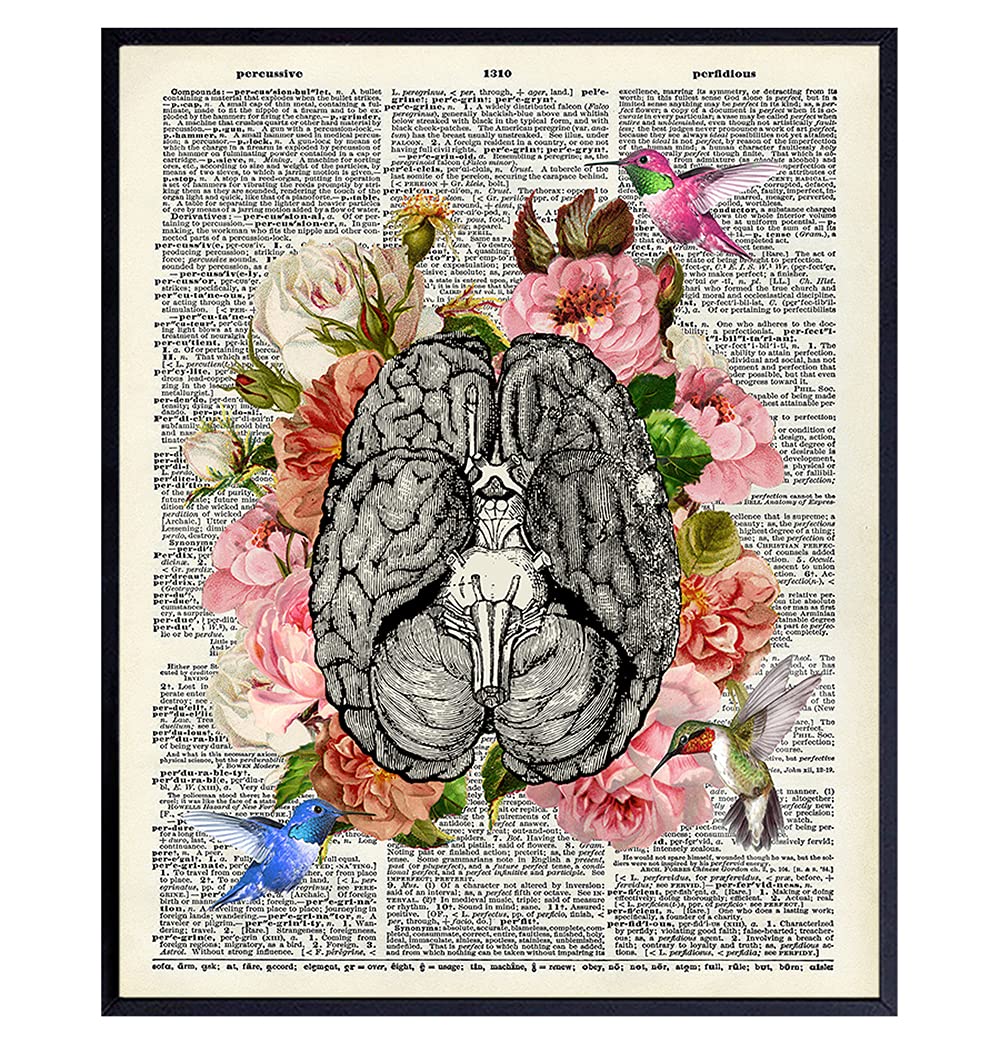 Vintage Floral Brain with Hummingbirds Wall Art - Rustic Shabby Chic Home Decor Poster for Bathroom, Bedroom, Living Room & Office - Unique Gift for Nurses, Doctors, Psychologists | Perfect for Medical Offices, Therapy Rooms & Gothic Home Decor