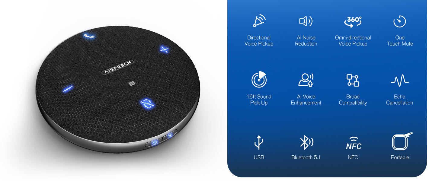 AISPEECH M4 Bluetooth Conference Microphone - AI Noise Cancelling, Real-Time Transcription, Duplex Call, USB Connectivity, 360° Voice Pickup for Online Meetings, Webinars & Remote Work