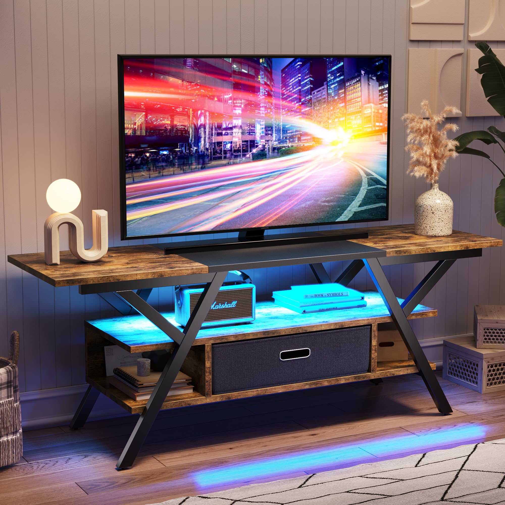 Bestier Modern LED TV Stand for 55/60/65 Inch TVs - Rustic Brown Gaming Entertainment Center with Fabric Drawer Storage & 20 LED Light Modes - Perfect for Living Room, Bedroom & Home Theater Setup (PS5/Xbox Compatible)