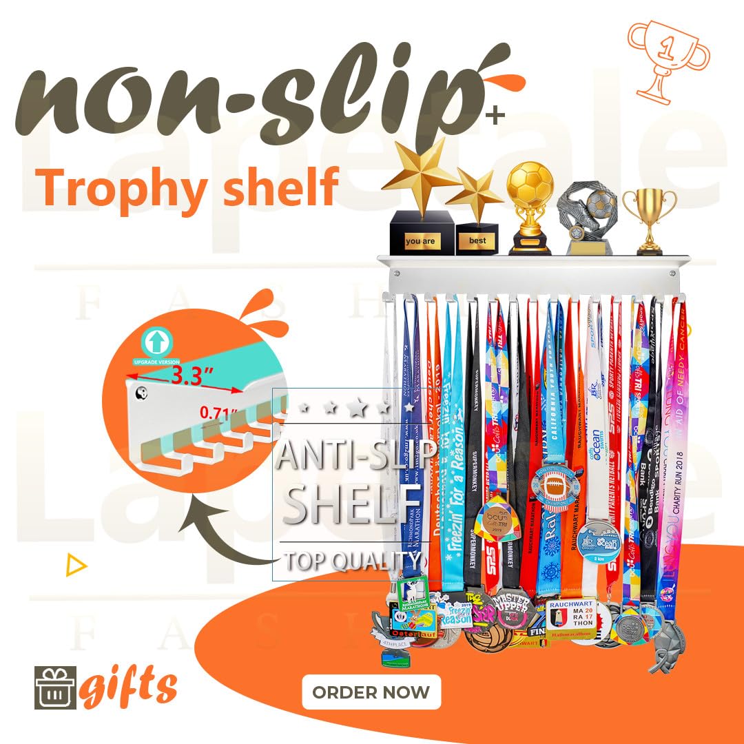 Non-Slip Trophy Shelf - 16 Inch Wall Mounted Medal Display Holder for Sports Awards, Trophies & Medals | Perfect for Gym, Race, Soccer, Swimming | Durable Wall Hanger for Gymnastics Awards & Competition Prizes