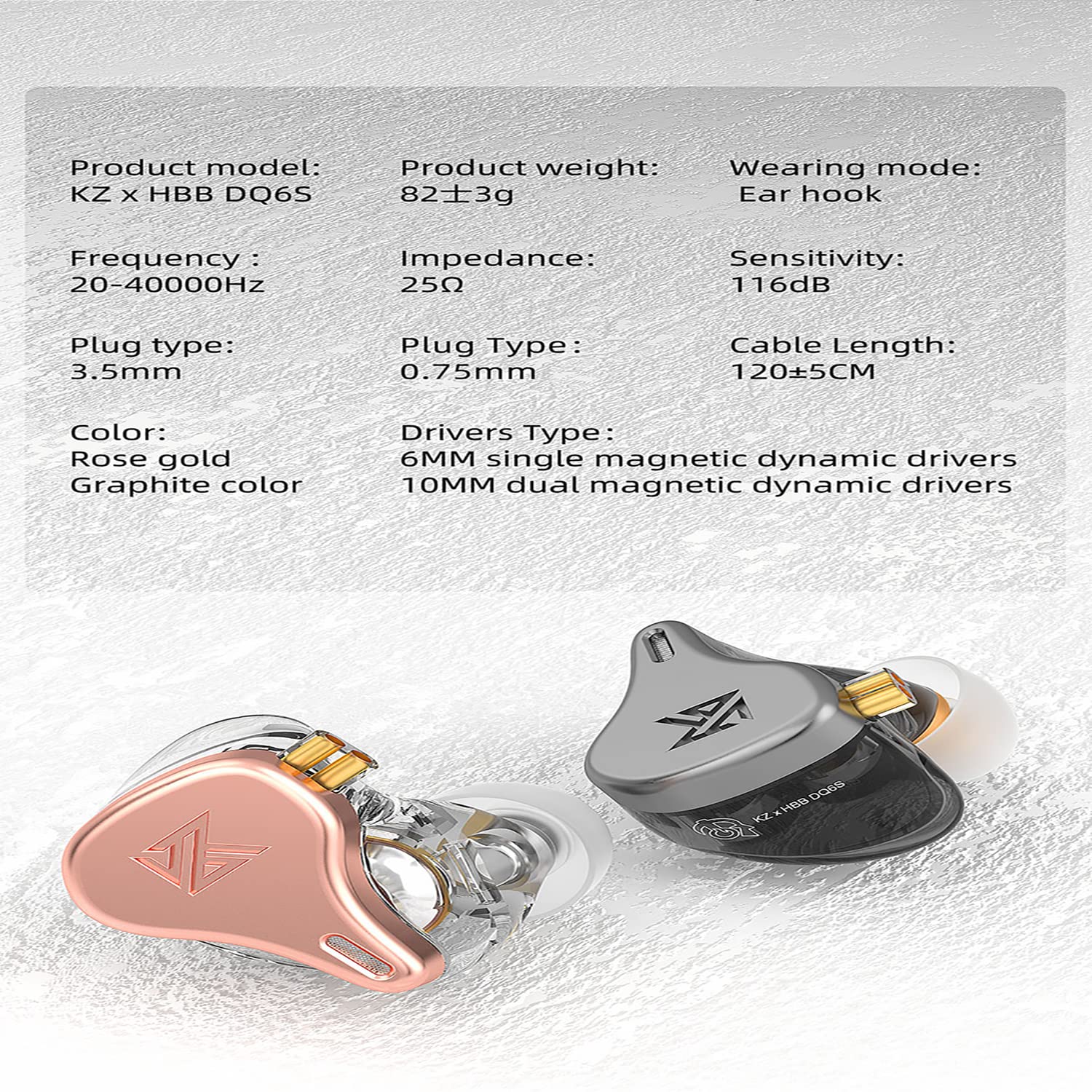 KZ x HBB DQ6S HiFi Wired In-Ear Monitors with Detachable Cable - Professional Noise Cancelling Earphones for Audiophiles & Music Lovers (Rose Gold, No Mic) - Perfect for Studio Recording, Gaming & Travel