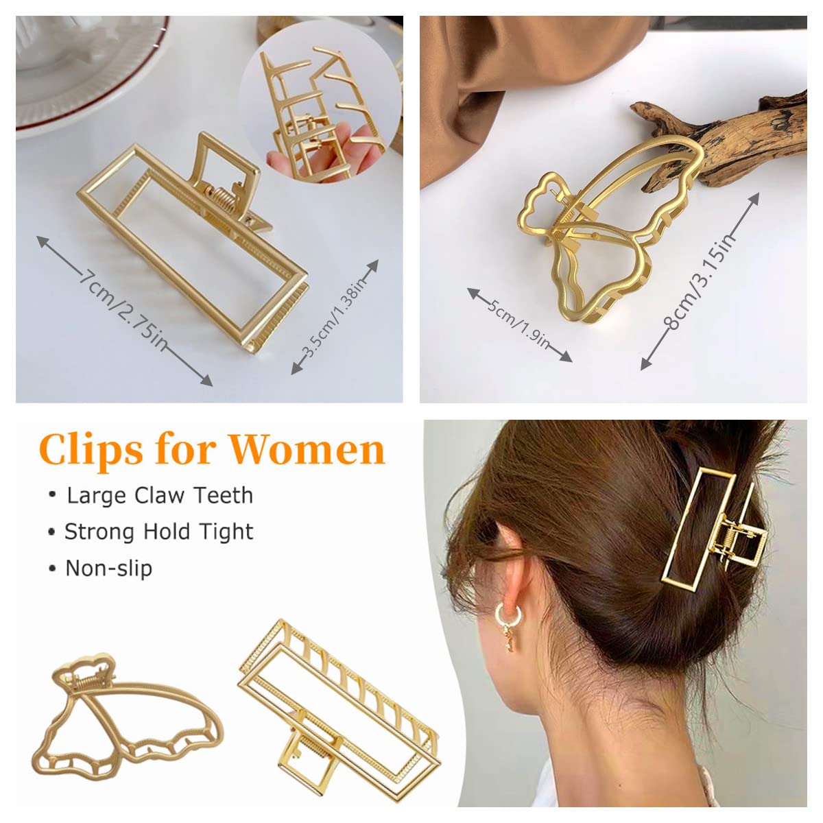 Sichumaria 2-Pack Gold Metal Hair Claw Clips for Thick Hair - Large Jaw Butterfly Hair Clips for Women, Hair Styling Accessories for Ponytails, Buns & Updos