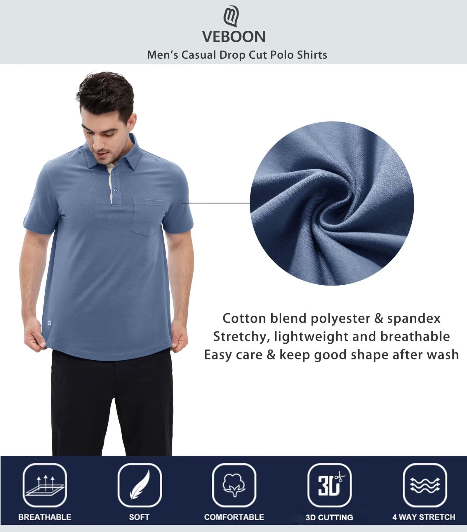 Men's Casual Cotton Blend Polo Shirts - Long & Short Sleeve with Pocket & Drop Cut Collar | Breathable & Comfortable for Work, Golf & Everyday Wear