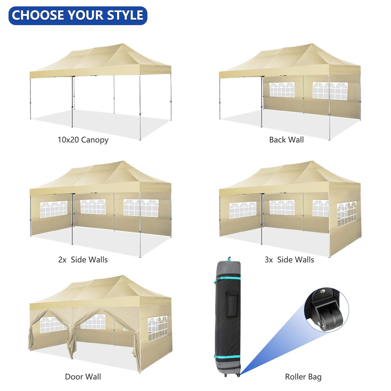 COBIZI 10x20 Heavy Duty Pop Up Canopy Tent with 6 Sidewalls - UPF 50+ Waterproof All-Weather Commercial Gazebo for Outdoor Events, Weddings & Parties - Includes Roller Carry Bag (Khaki) - Perfect for Backyard BBQs, Farmers Markets & Beach Gatherings