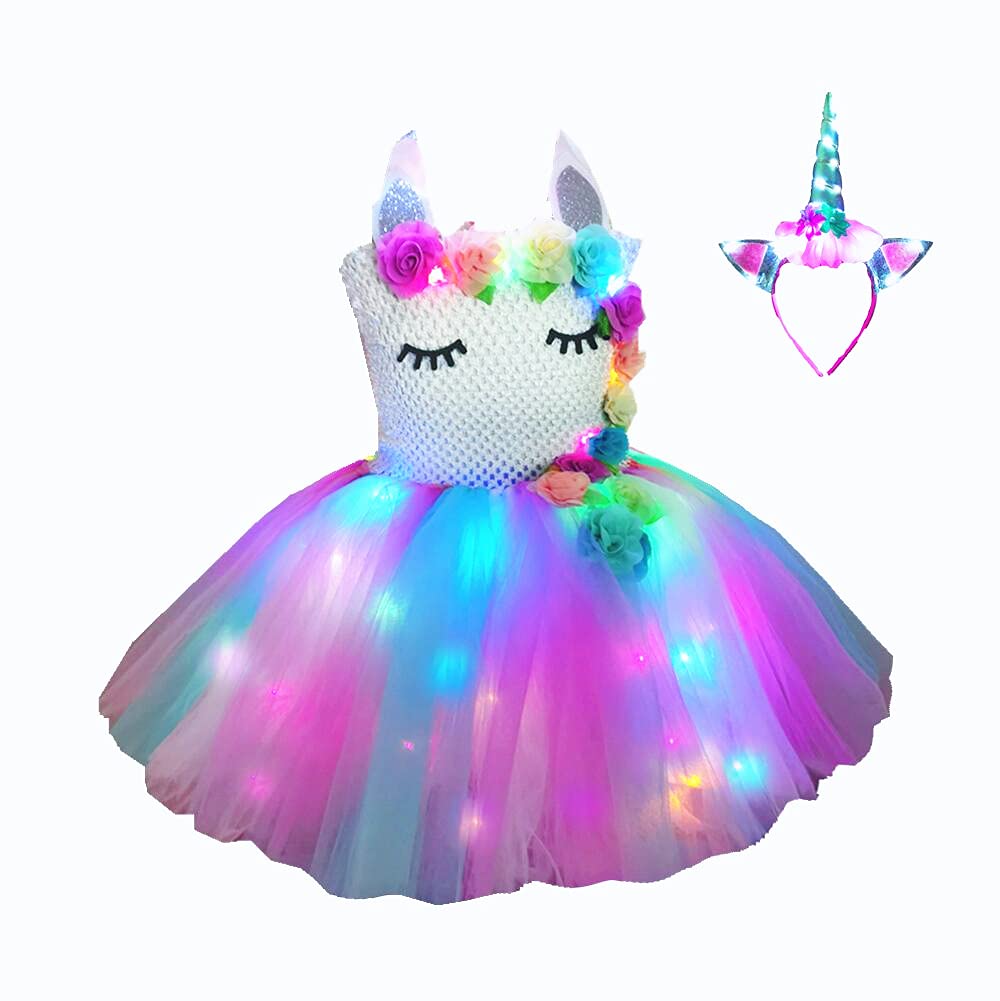 **LED Light Up Unicorn Tutu Dress for Girls - Sparkling Pink Costume with Flower Headband for Birthday Party, Halloween & Dress Up Play**