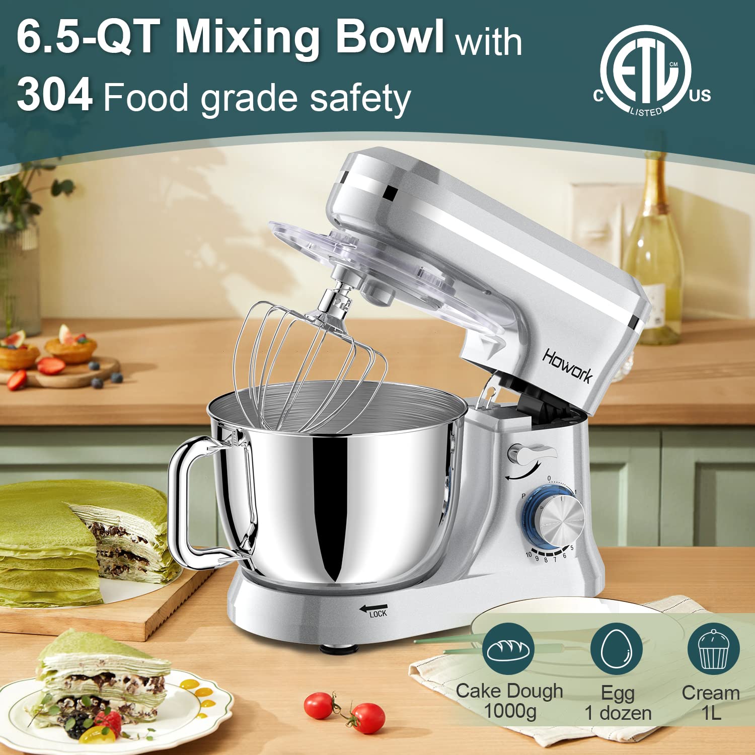 HOWORK 6.5QT Stand Mixer, 10+ Speed Electric Kitchen Mixer with Stainless Steel Bowl, Dough Hook, Wire Whip & Beater - Perfect for Baking, Whipping, Kneading Dough - Ideal for Home Bakers & Cooking Enthusiasts