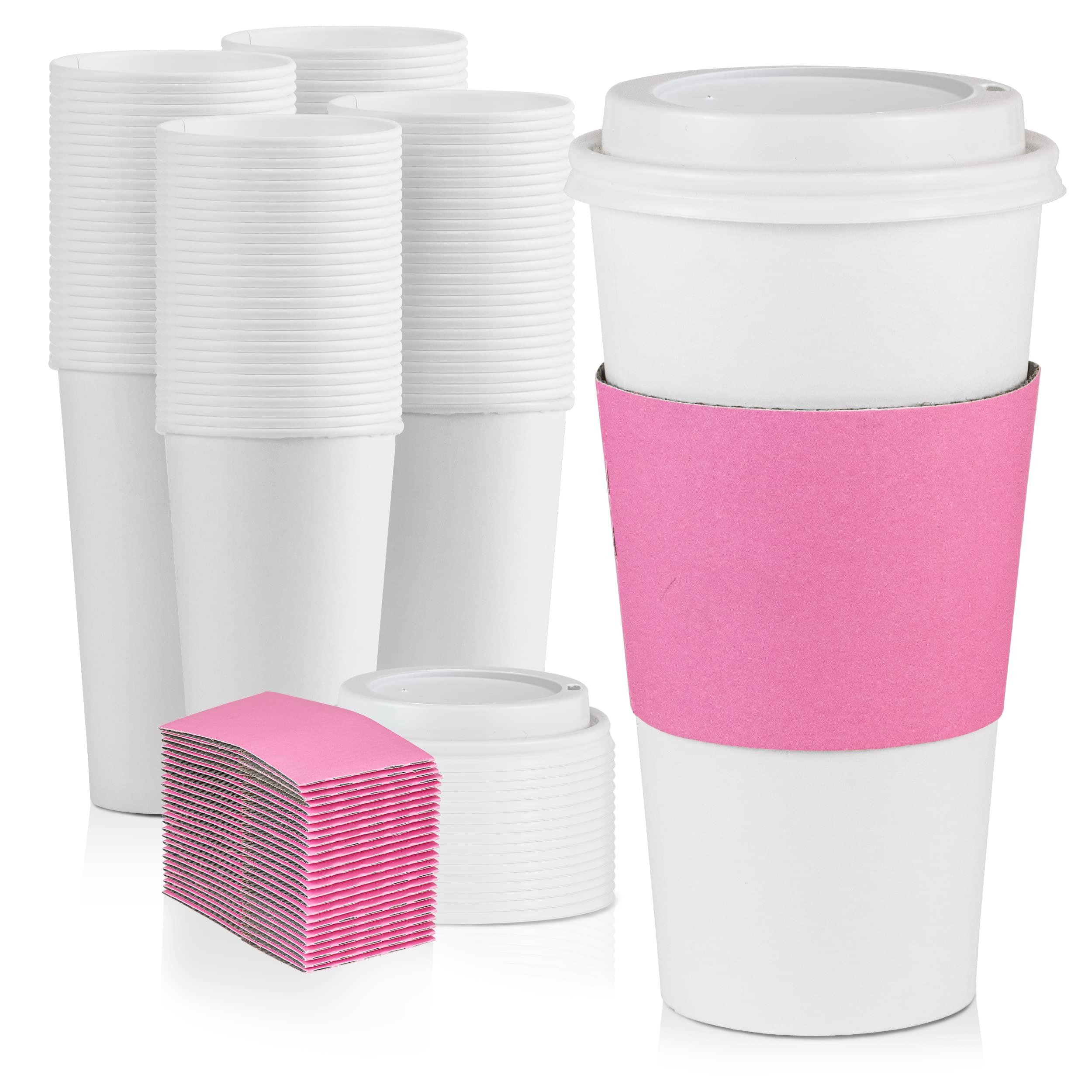 500 Pack 20 oz Disposable White Paper Coffee Cups with Dome Lids & Pink Sleeves - Hot/Cold Drink To-Go Cups for Coffee, Tea, Hot Chocolate - Perfect for Cafes, Restaurants, Bistros & Takeout Businesses - Ideal for Office Meetings, Catering Events & Coffee Shops