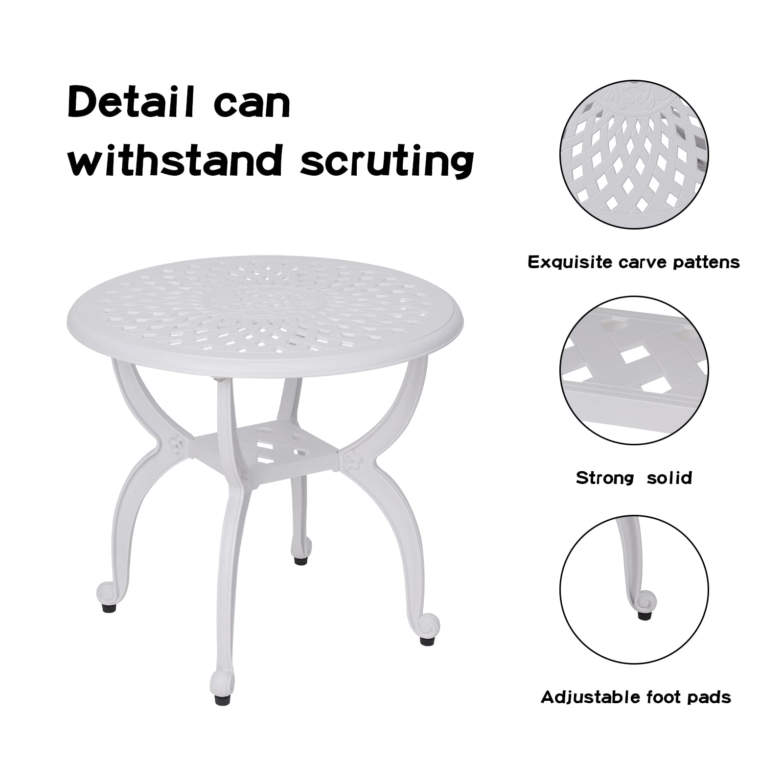 JARDIN DE CENTENNIAL Round White Cast Aluminum Outdoor Side Table - Rust-Resistant Patio End Table & Coffee Bistro Table for Garden, Porch, Balcony & Indoor Use - Perfect for Outdoor Entertaining & Relaxation