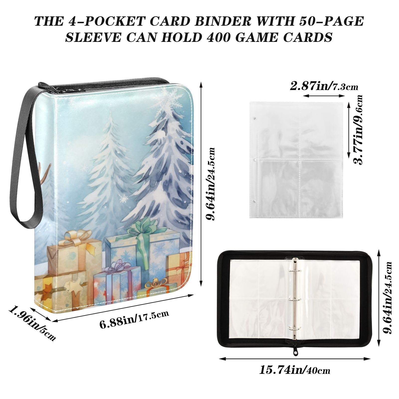 Blue Snowman Christmas Trading Card Binder - 4 Pocket Card Holder Book with 50 Sleeves (Holds 400 Cards) | 3-Ring Sports Card Organizer | Perfect for Collectors & Holiday Gifts | Use for Baseball, Pokemon, Magic Cards & More