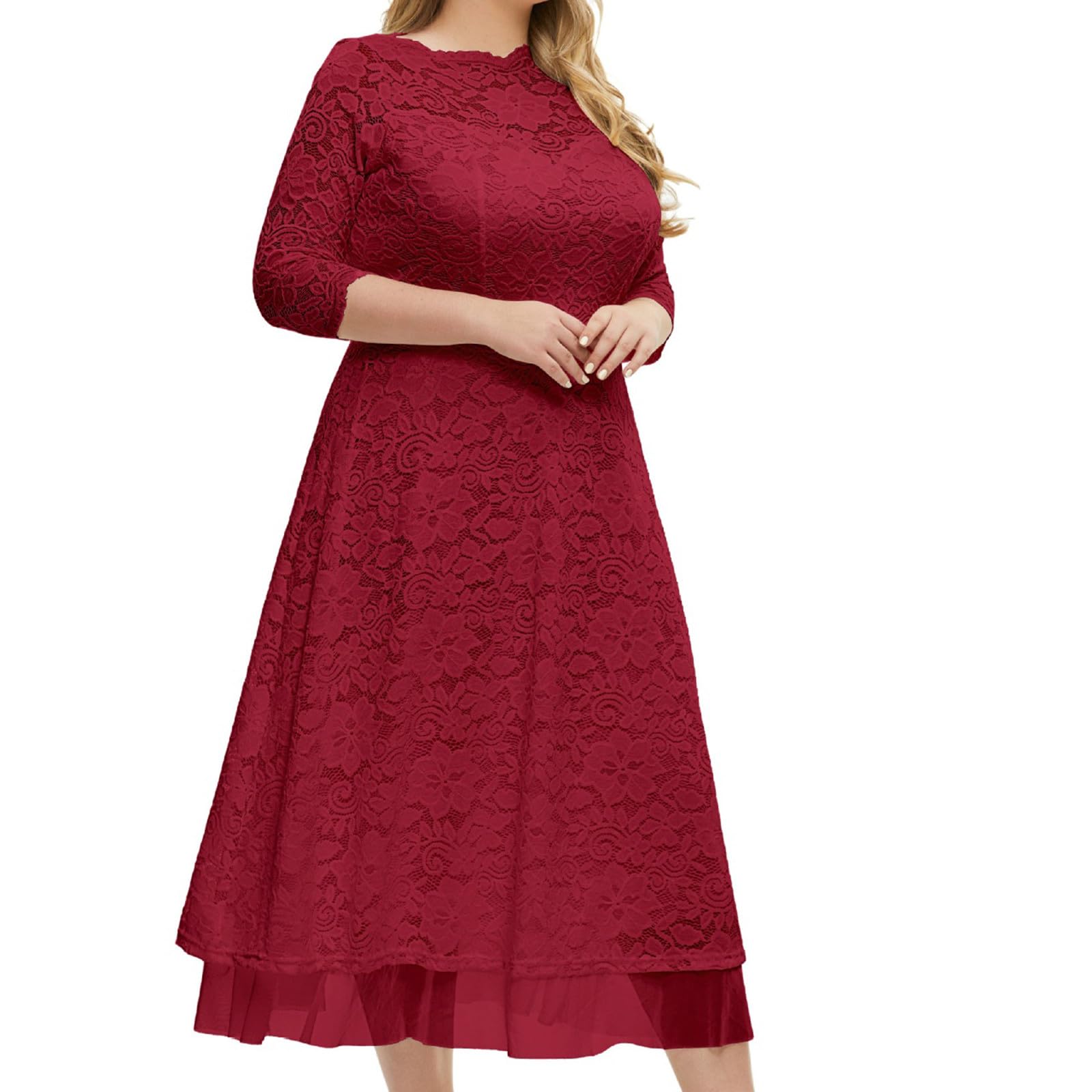 Elegant Plus Size Women's Lace 3/4 Sleeve Cocktail Dress - Long Formal Maxi Dress for Wedding Guest, Bridesmaid, Party & Special Occasions | Perfect for Evening Galas, Cocktail Receptions & Formal Events
