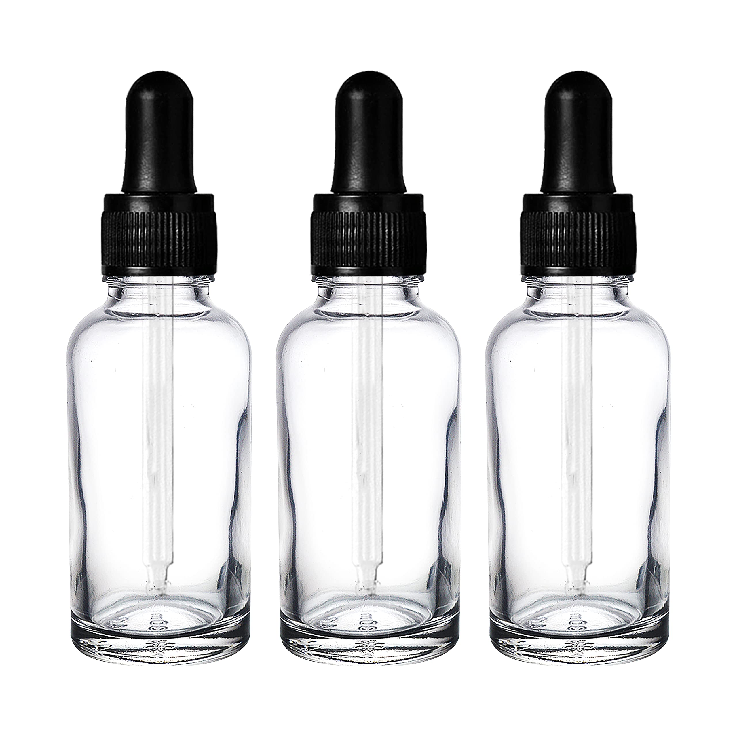 NSB Herbals 30ml Clear Round Empty Glass Bottle with Glass Dropper, Black Ring & Silicone Teat - Refillable Essential Oil, Perfume & Blend Container (Pack of 3) - Perfect for Aromatherapy, DIY Beauty Products & Travel Size Liquids