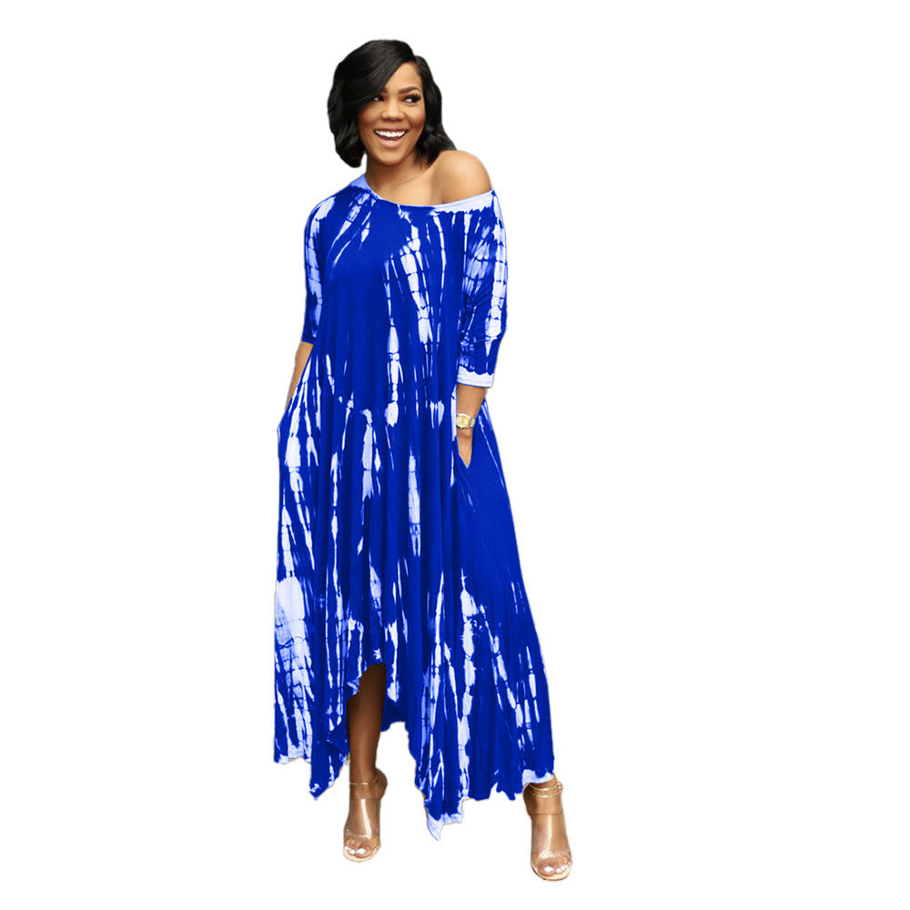 Long Slit Skirt Wide Neck Tie Dye Dress - Boho Chic Summer Maxi Dress for Beach Vacation & Music Festivals