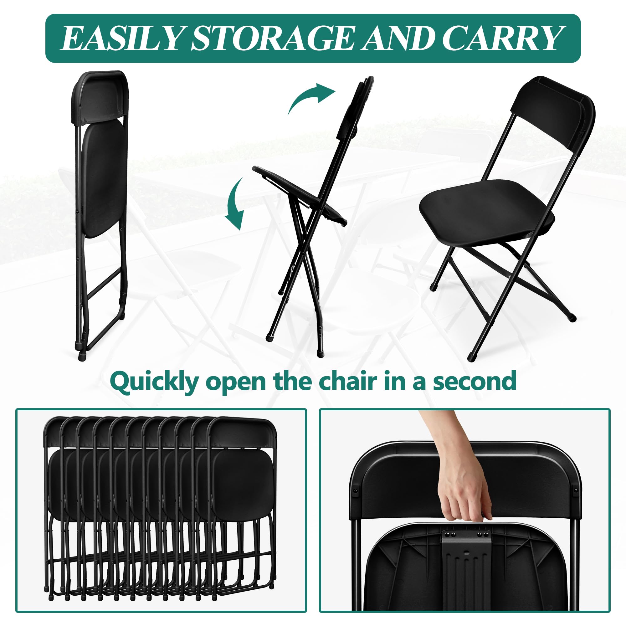 10 Pack Black Plastic Folding Chairs - Heavy Duty Stackable Steel Frame Party Chairs (550lbs Capacity) - Indoor Outdoor Portable Commercial Seating for Home, Office, Weddings, Events, Picnics, BBQs & Camping