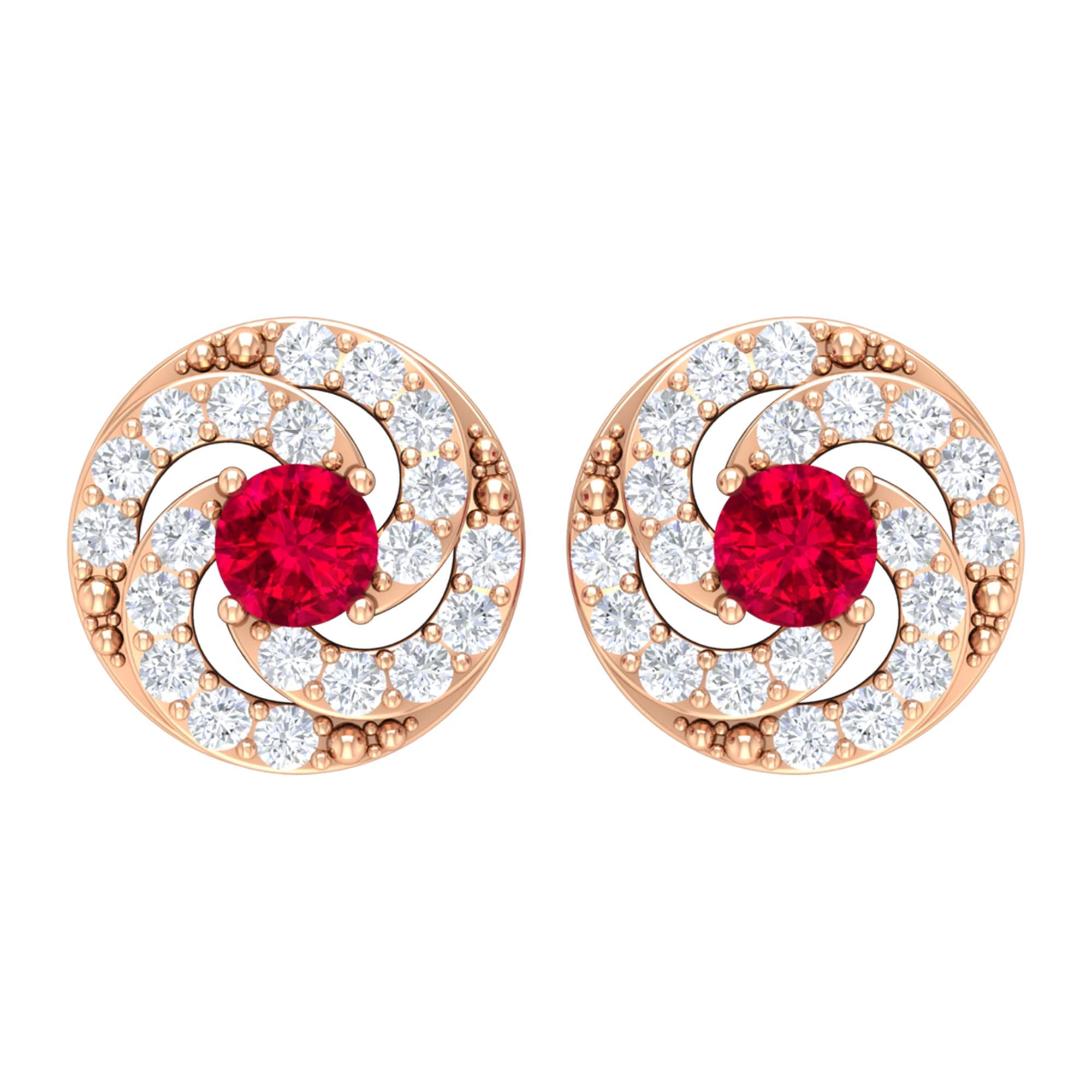 1/2 CT Ruby and Diamond Stud Earrings - 14K Solid Gold Swirl Stud Earrings for Women | July Birthstone Jewelry, Red Ruby Earrings for Gifts, Anniversary & Special Occasions