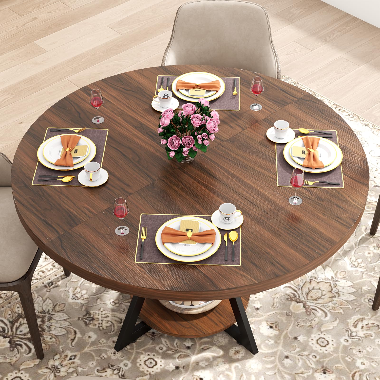 Modern Round Dining Table for 4 - 47.24 Inch Farmhouse Kitchen Table with Metal Base & Wooden Top | Adjustable Pads for Stability | Perfect for Small Spaces, Kitchen, Dining Room & Living Room
