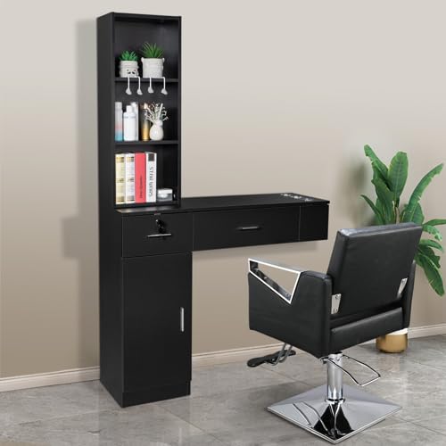 Professional Wall Mount Hair Styling Station - 3 Tier Shelf, Lockable Drawer & Cabinet - Beauty Salon & Barber Equipment Set - Easy Assembly (Black) - Perfect for Home Salons, Spas & Professional Barbershops
