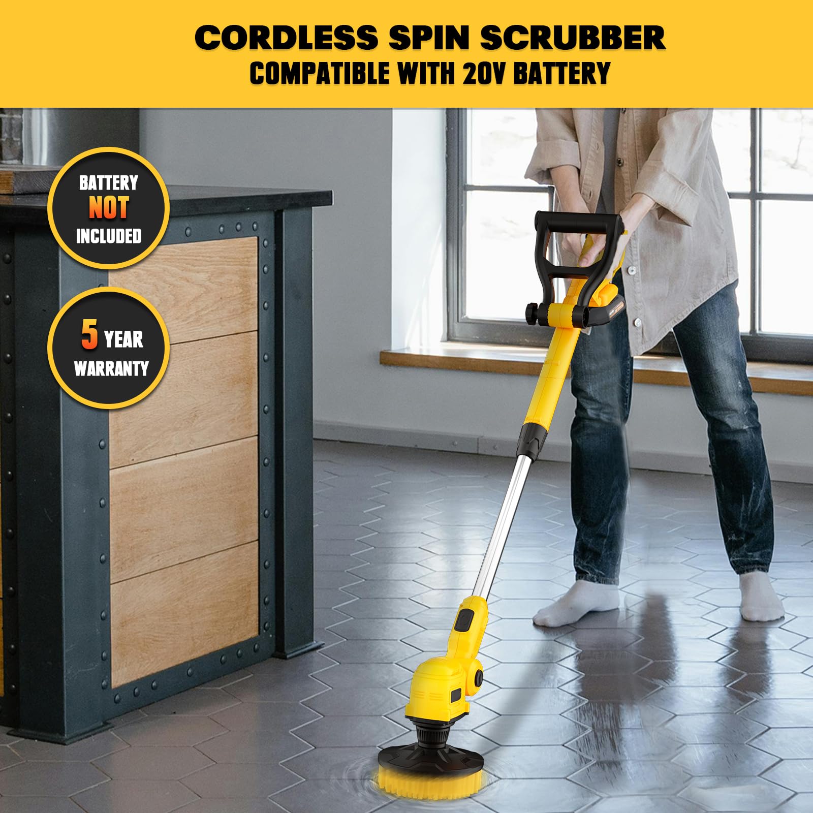 Electric Spin Scrubber with Dewalt 20V Max Battery Compatibility (Tool Only) - 700RPM Brushless Shower Cleaning Brush with Telescopic Long Handle & 2 Brush Heads - Perfect for Tub, Tile, Bathroom, Kitchen, Car Cleaning - Effortless Deep Cleaning for Tough Grime and Stains
