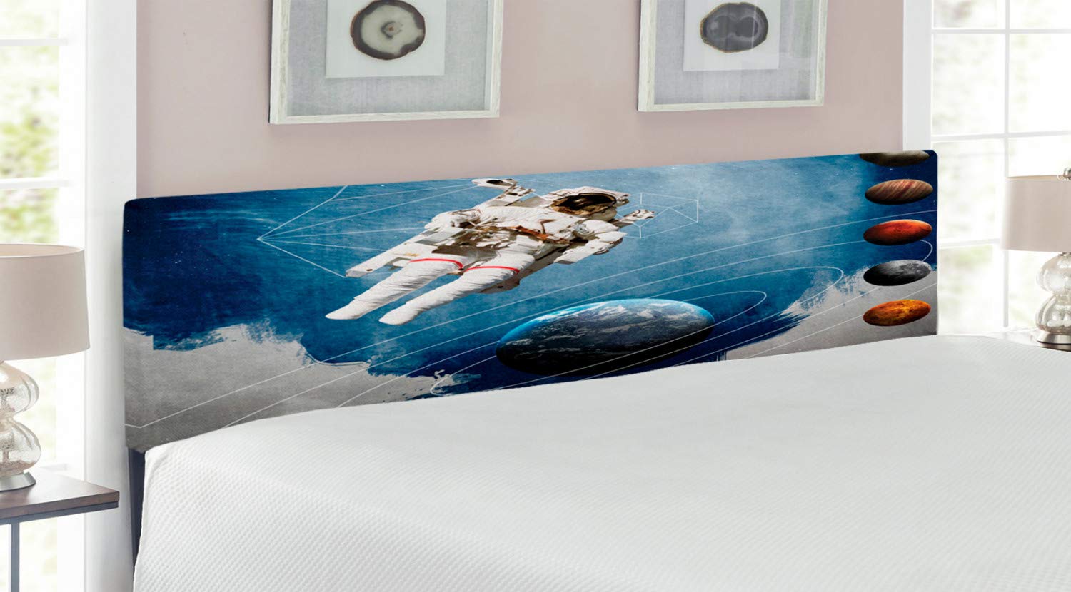 Ambesonne Outer Space Headboard - Vintage Planetary Circles & Geometric Neptune Print, Upholstered Metal Bed Headboard with Memory Foam, King Size, Multicolor - Perfect for Space-Themed Bedrooms & Sci-Fi Decor