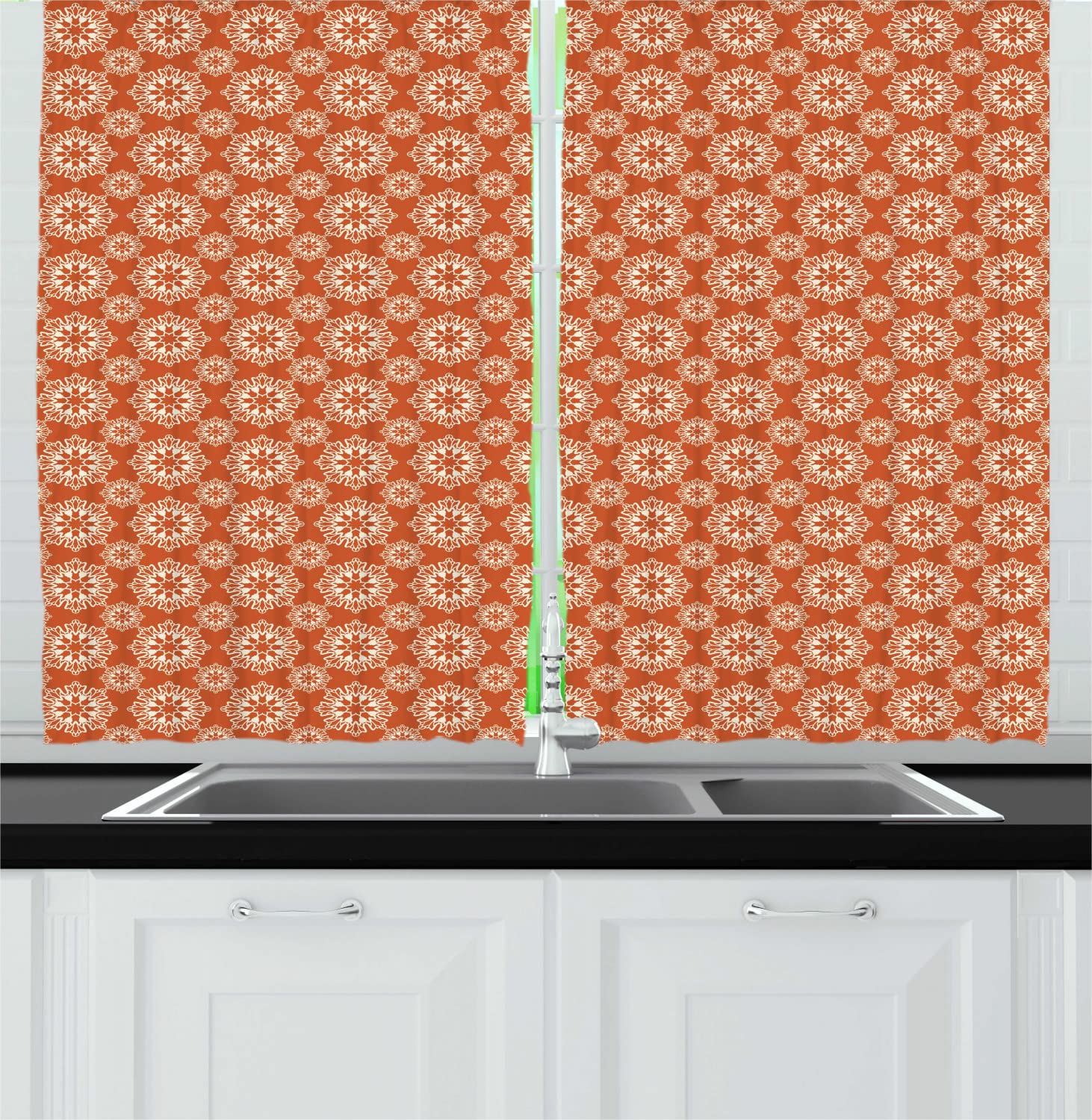 Ambesonne Orange Mandala Long Kitchen Curtains - Monochromatic Lace-Inspired Symmetric Design - 2 Panel Rod Pocket Drapes 55x45 Inches - Pale Cinnamon & Off White - Perfect for Boho Home Decor, Living Room & Bedroom Window Treatments