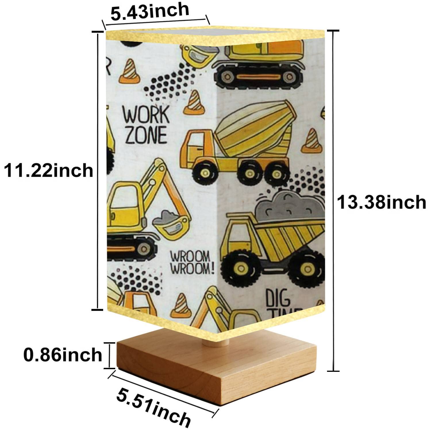 **Hand-Painted Construction Machine Kids Bedside Lamp - Minimalist Wood Base with Rectangular Fabric Shade, Nightstand Lamp for Bedroom, Living Room & Nursery - Perfect for Reading, Decor & Kids' Room Lighting**