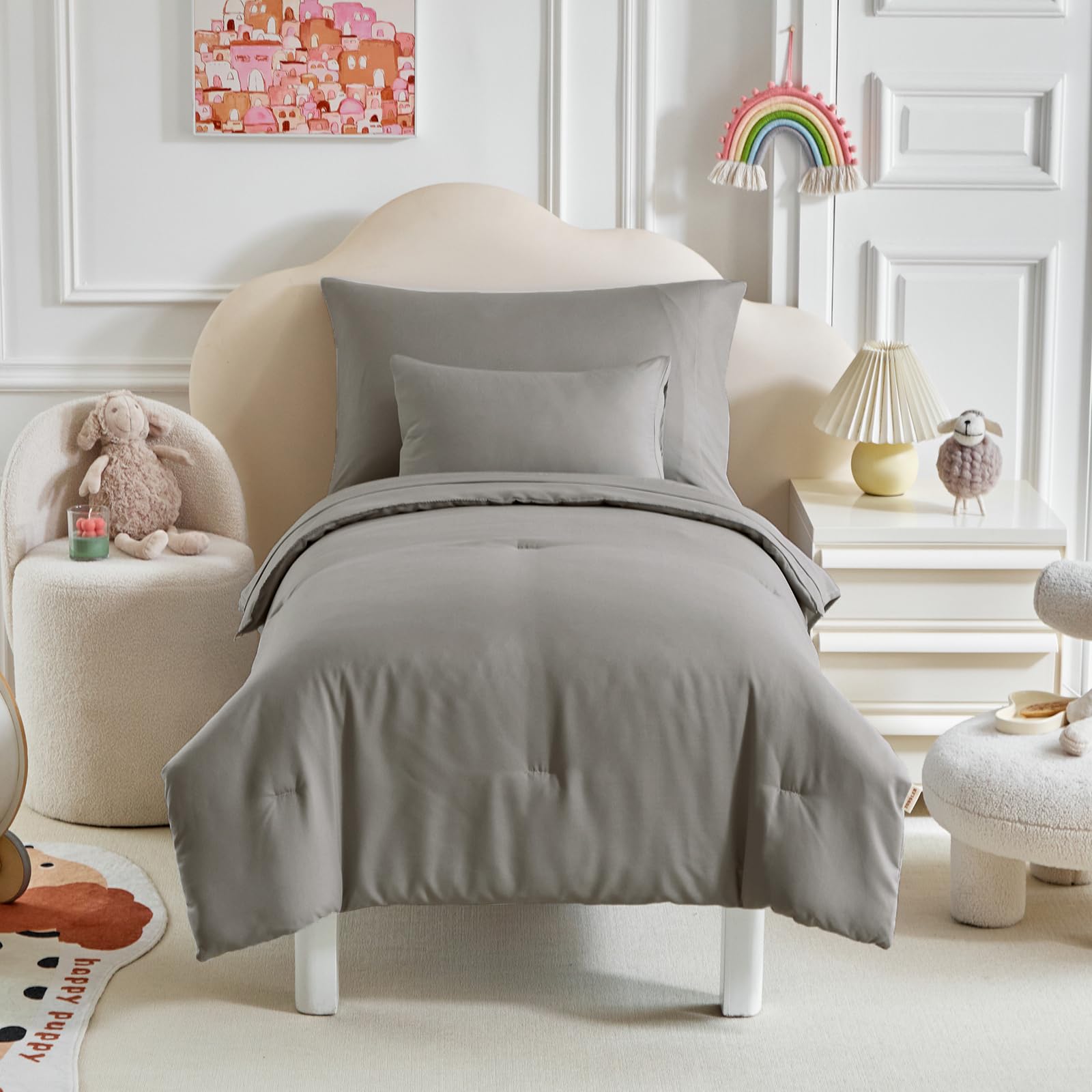 5-Piece Toddler Bedding Set for Boys & Girls - Soft, Breathable Quilted Comforter, Fitted Sheet, Flat Sheet & Pillowcases - Dark Gray - Perfect for Nursery, Daycare & Toddler Room Decor