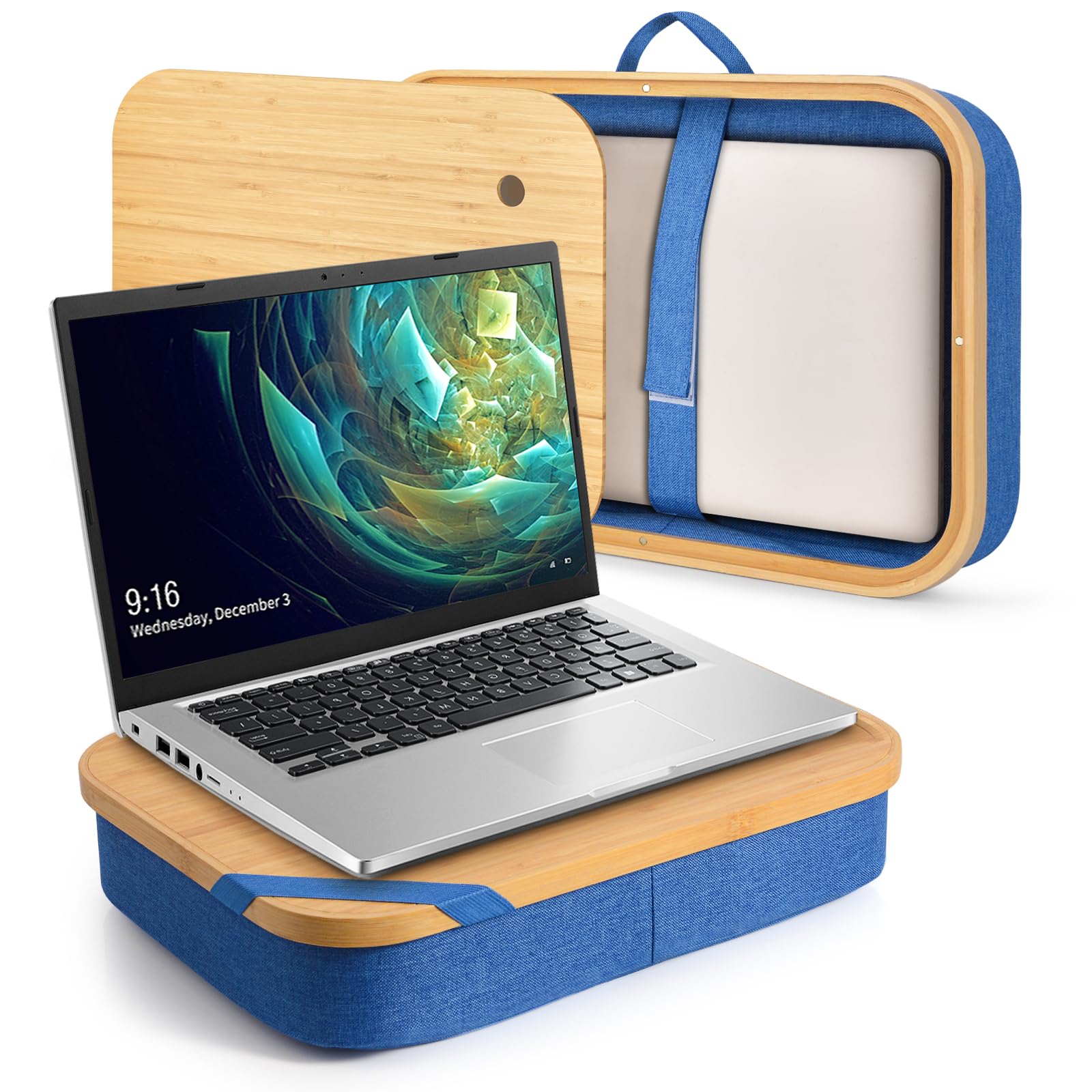 Mayjoy Bamboo Lap Desk with Storage - Portable Laptop Stand for Bed, Couch & Office - Removable Cover for Writing, Drawing & Working Comfortably (Blue) - Perfect for Remote Work, Study & Home Office Use