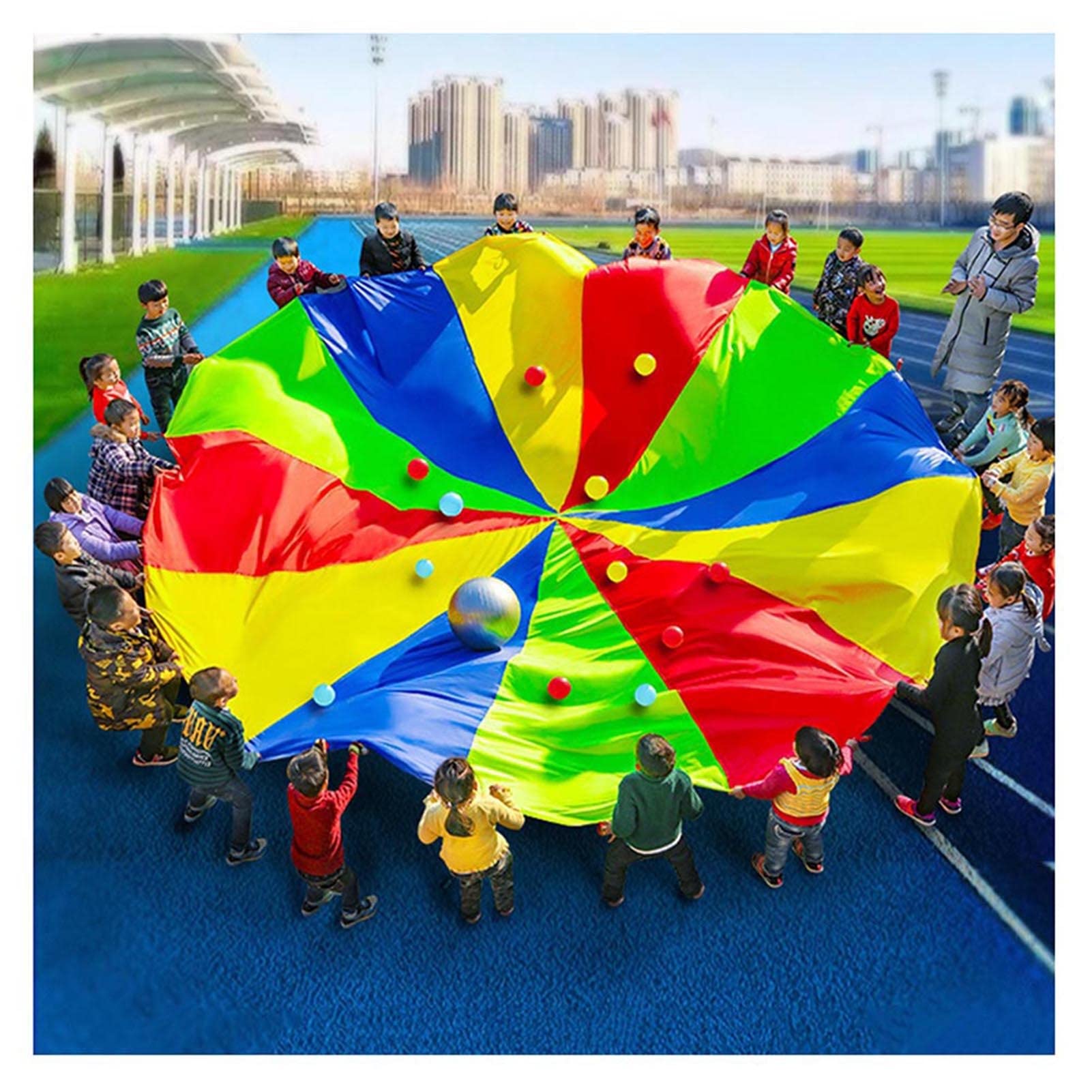 Play Parachute Toy for Kids - 16.4ft Rainbow Color Parachute with Handles for Outdoor Games, Kindergarten Activities & Team Building Exercises - Perfect for Birthday Parties, School Events & Family Fun