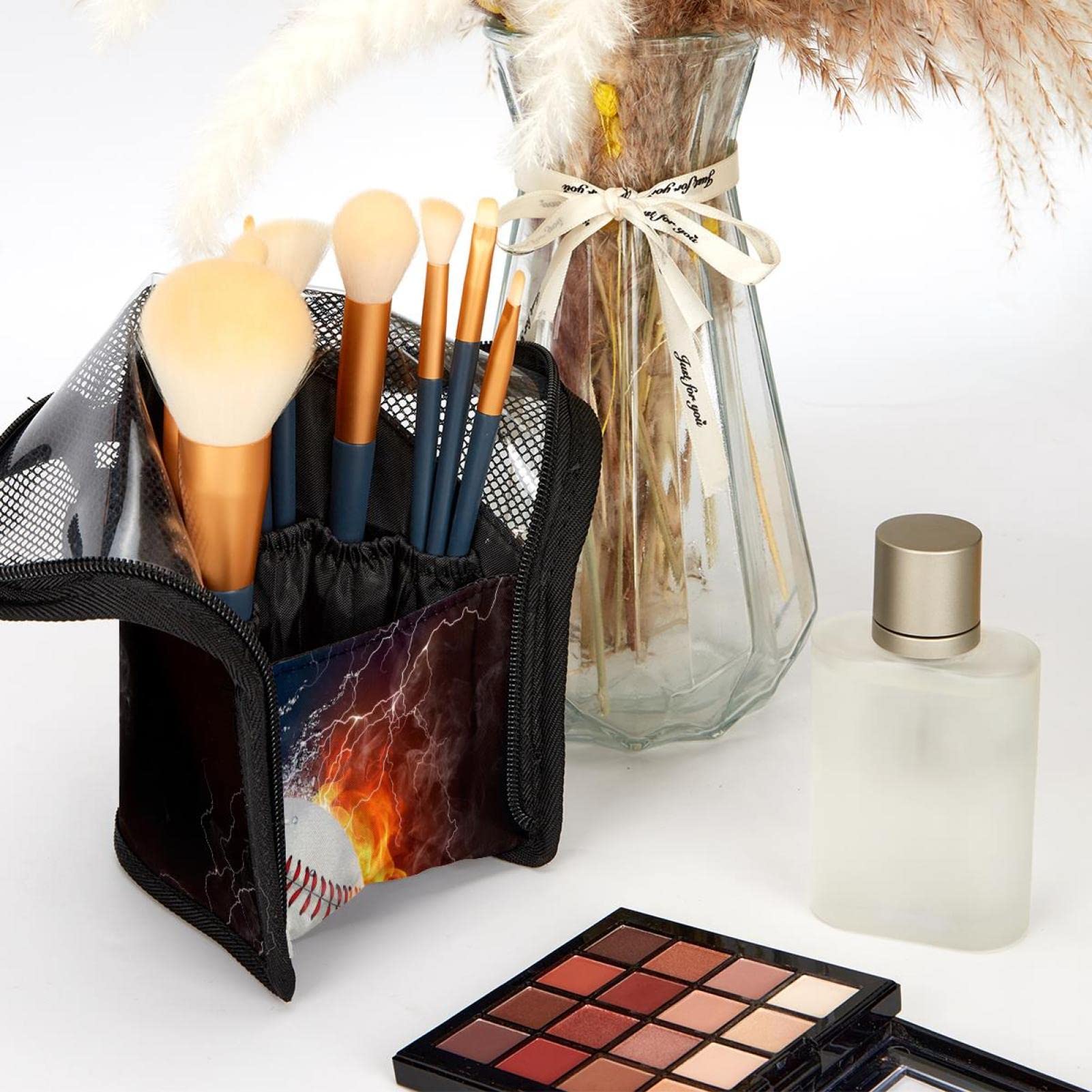 12-Piece Makeup Brush Organizer Bag with Baseball Design - Waterproof & Portable Makeup Brush Holder Case for Travel & Professional Makeup Artists
