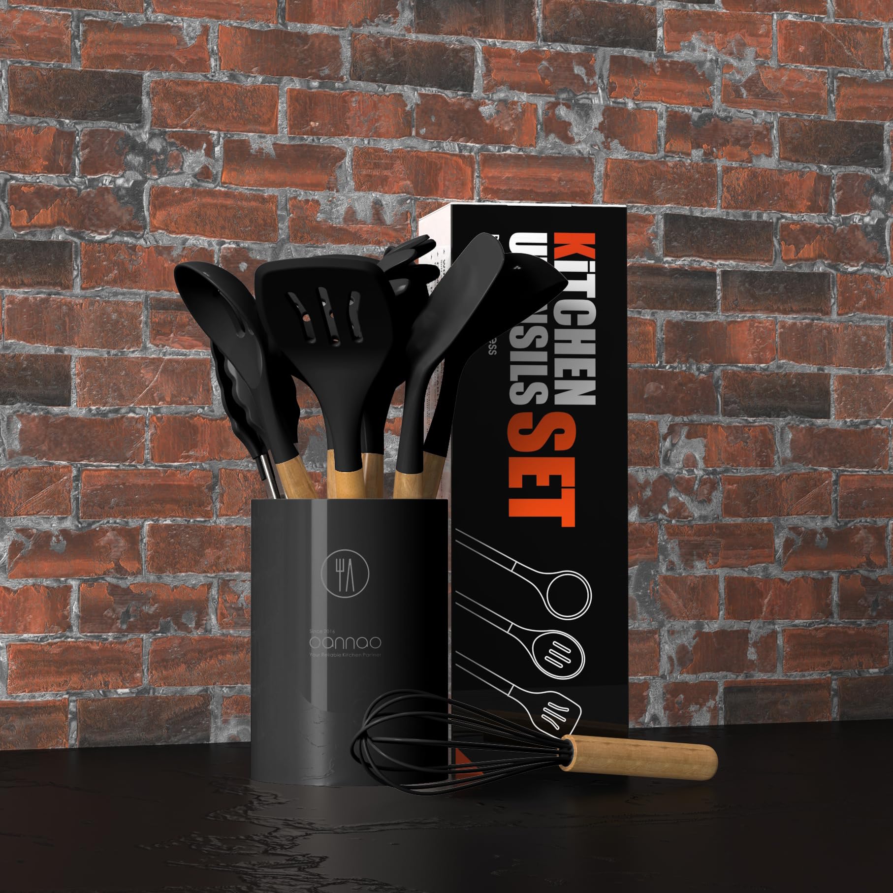 Heat Resistant Silicone Cooking Utensils Set with Wooden Handles - BPA Free Kitchen Tools for Non-Stick Cookware (446°F Safe, Black) - Perfect for Baking, Frying & Everyday Cooking