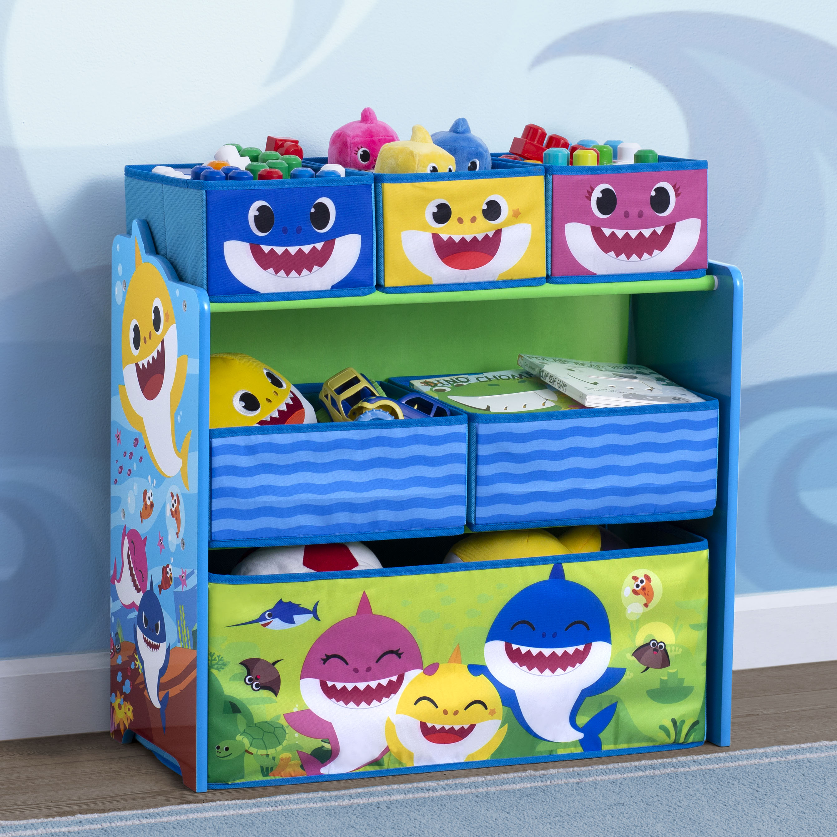 Baby Shark Toy Storage Organizer - 6 Bin Kids Toy Organizer with Wheels for Nursery, Playroom & Bedroom - Durable Plastic Toy Box for Easy Cleanup & Organization