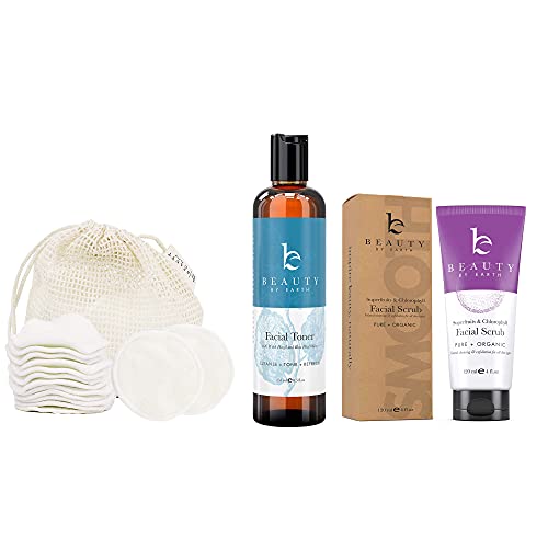 Organic Aloe Vera Face Scrub & Exfoliating Wash with Witch Hazel Toner | Hydrating, pH Balancing Pore Cleanser | Includes Reusable Bamboo Cotton Pads & Laundry Bag | Perfect for Daily Skincare & Travel