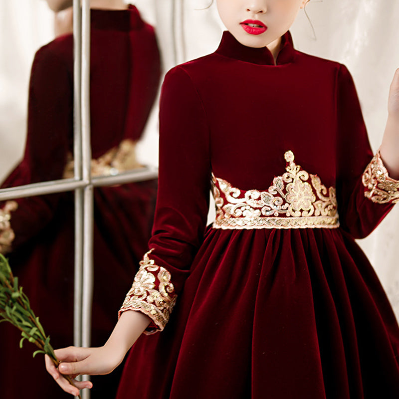 Burgundy Velvet A-Line Flower Girl Dress with Lace and Pleated Details - Perfect for Weddings, Pageants, and Special Occasions