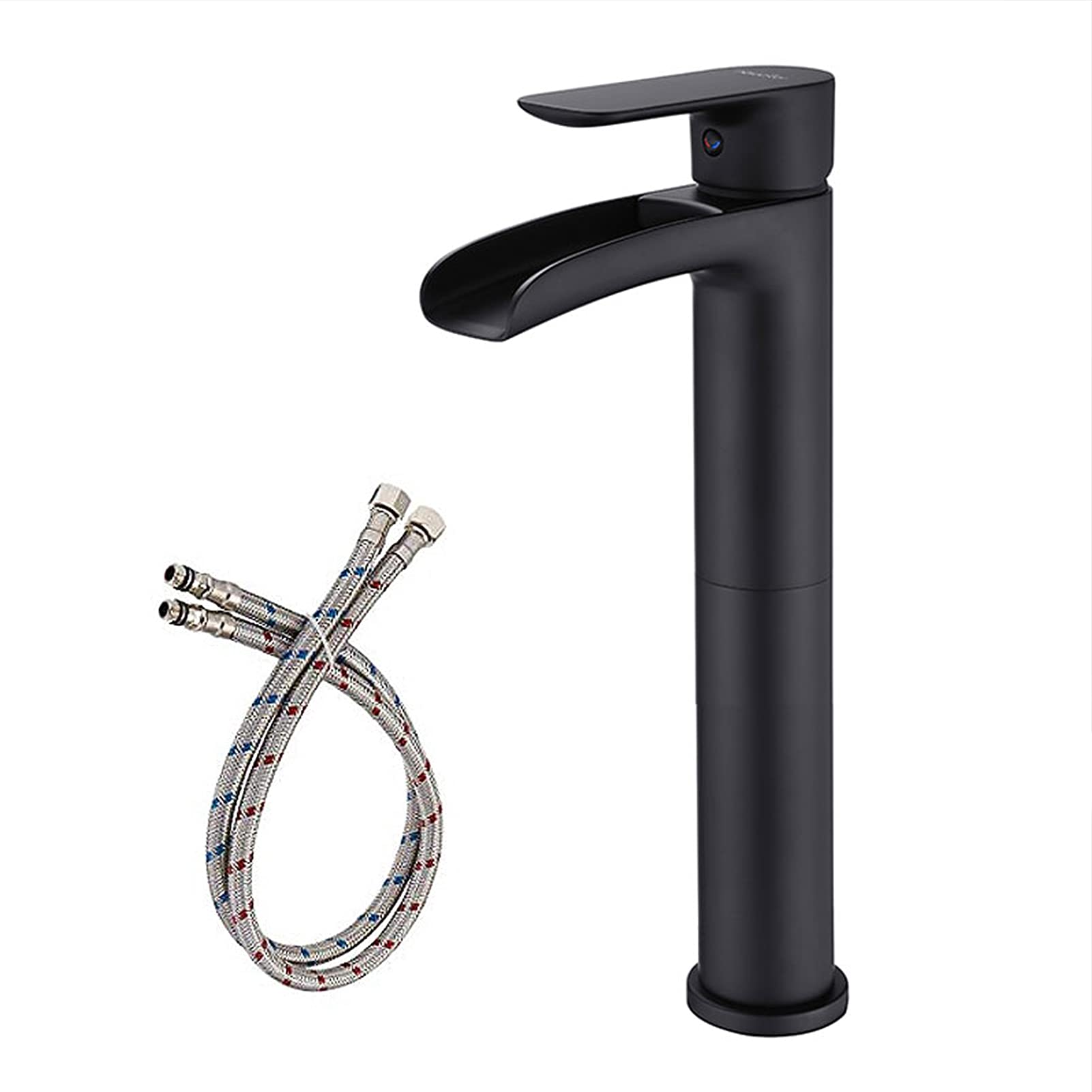 NEWATER Matte Black Vessel Sink Faucet - Tall Brass Waterfall Spout, Single Hole One Handle Bathroom Faucet with Supply Lines - Perfect for Modern Bathroom Vanity, Spa, and Commercial Restroom Sinks