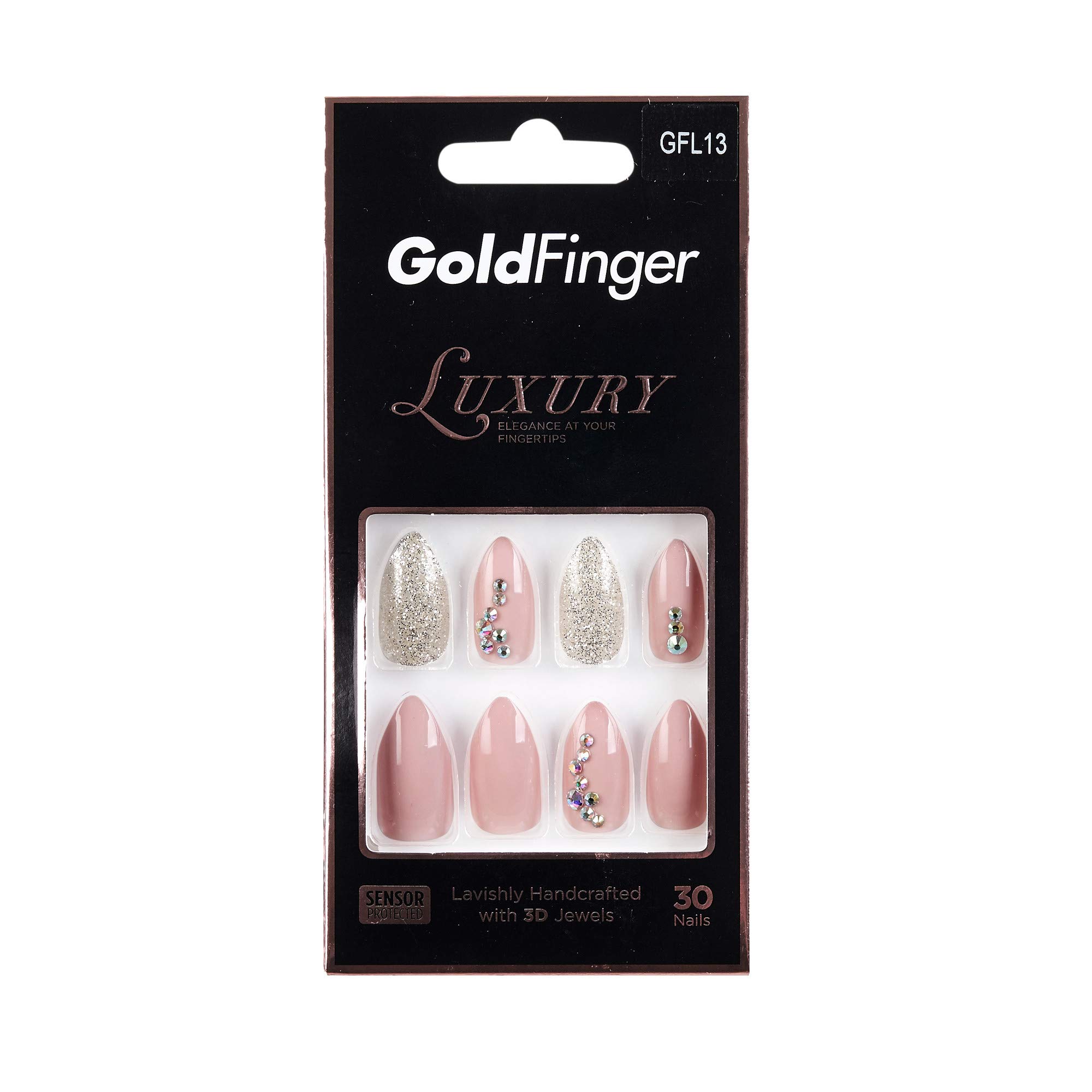 Halloween Nails Kiss Gold Luxury Press-On Nails with 3D Jewels - 30 Long Fake Nails Set Includes Pink Gel Glue & Manicure Stick (GFL13) | Perfect for Halloween Parties, Costume Events & Glamorous Nail Art