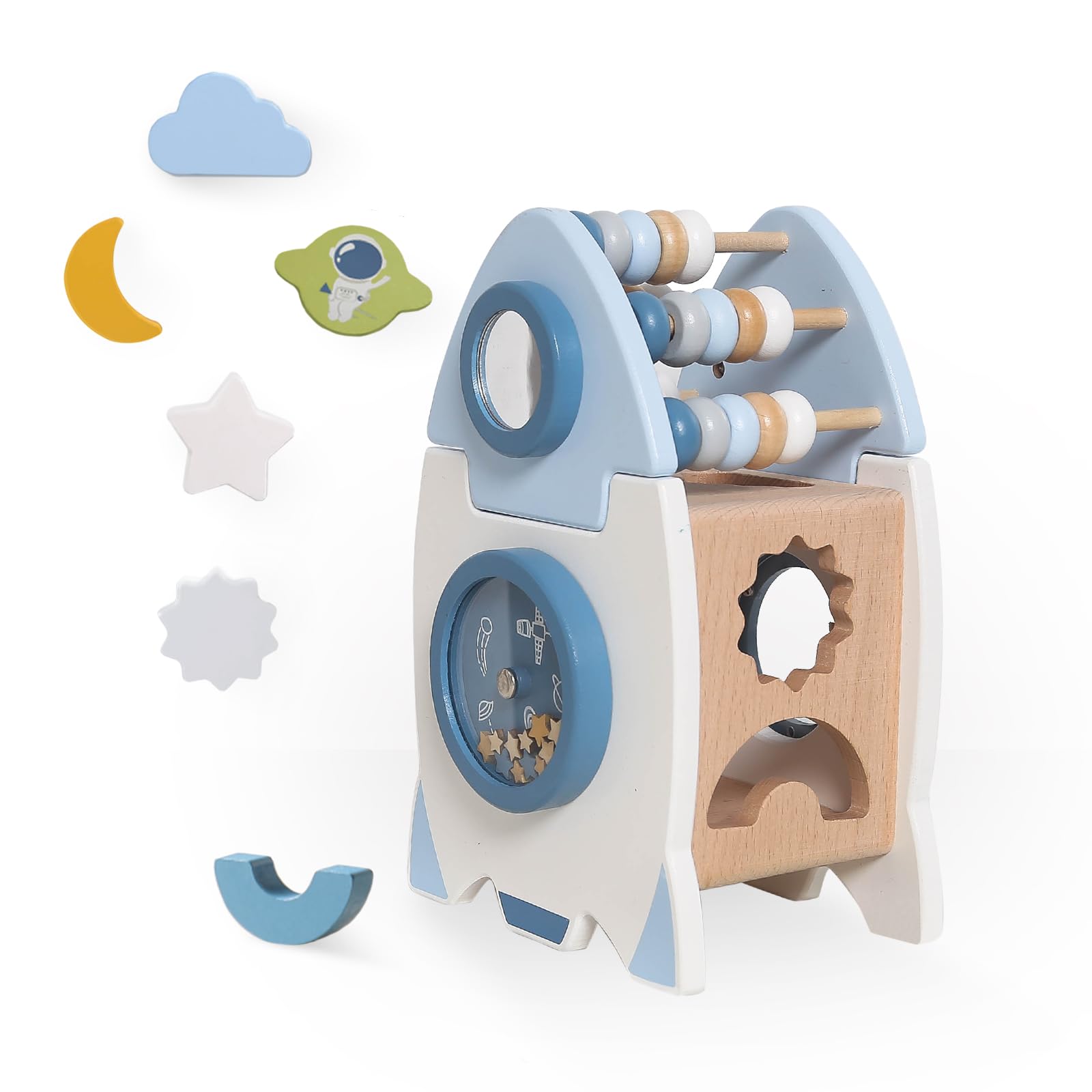 5-in-1 Wooden Rocket Shape Sorter Toy with Stacking Blocks, Bead Maze, Magic Mirror & Space Wheel - Montessori Sensory Learning Toy for Toddlers 1-5 Years Old - Perfect Gift for Boys & Girls - Ideal for Preschool Education, Early Development & Interactive Playtime
