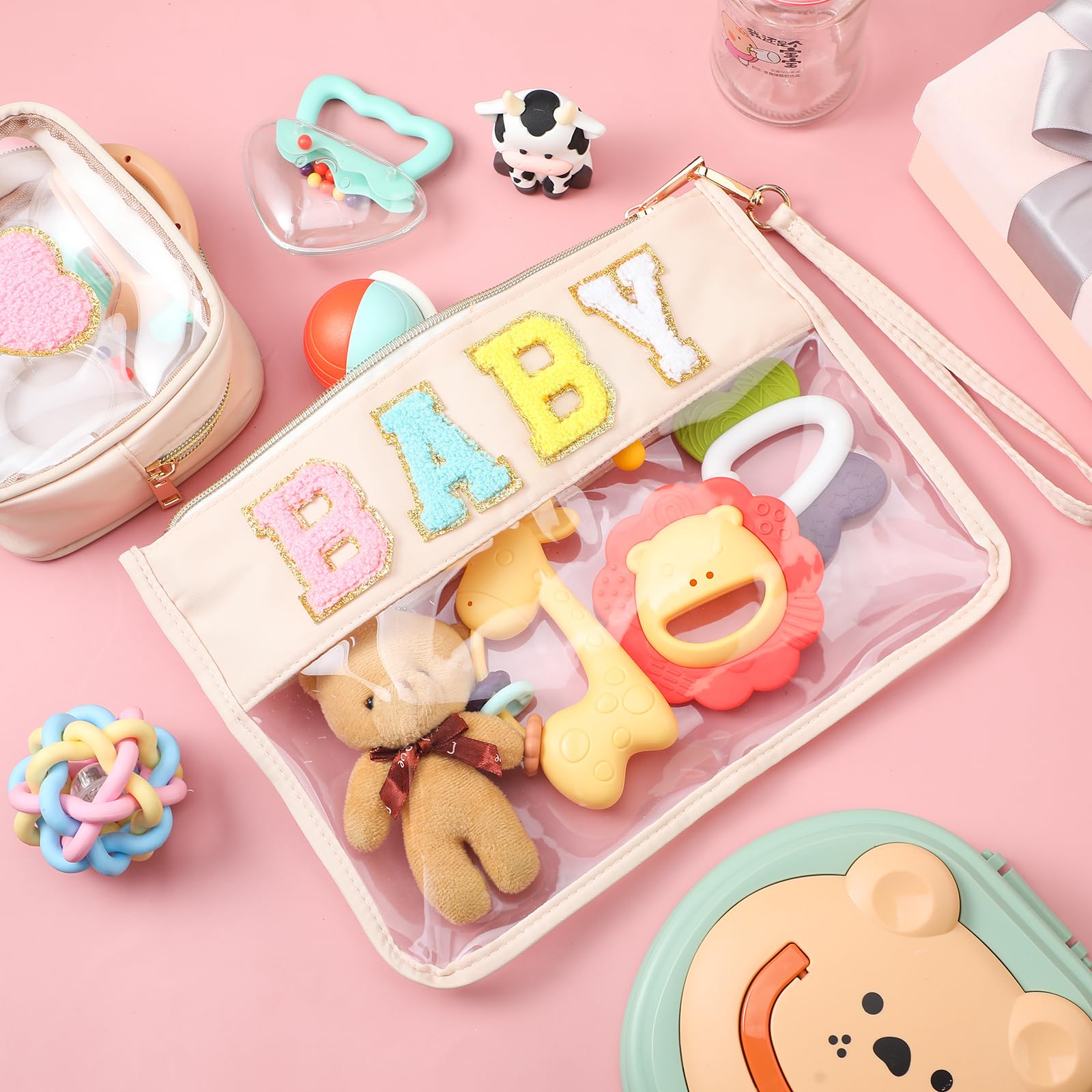 Hillban 2-Piece Baby Travel Bag Set - Soft Chenille Letter Cosmetic Makeup Bags, Waterproof Toiletry Storage Organizer for Women & Moms (Baby Theme) - Perfect for Diaper Essentials, Baby Showers & On-the-Go Parenting