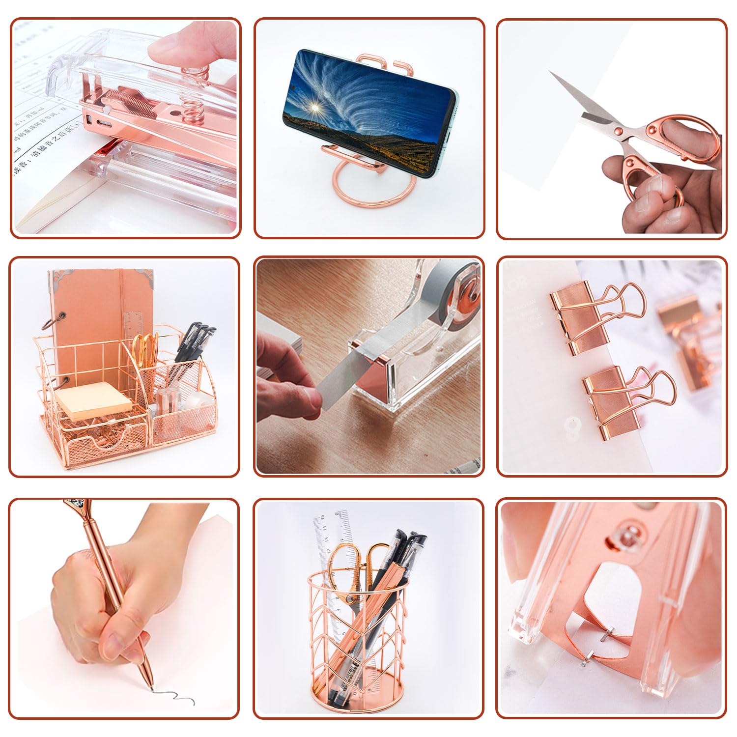Rose Gold 13-Piece Office Desk Organizer Set - Acrylic Stapler, Staple Remover, Paper Clips, Scissors, Phone Stand, Pens & Pen Holder, Tape Dispenser - Perfect for Home Office, Workspace & School Organization