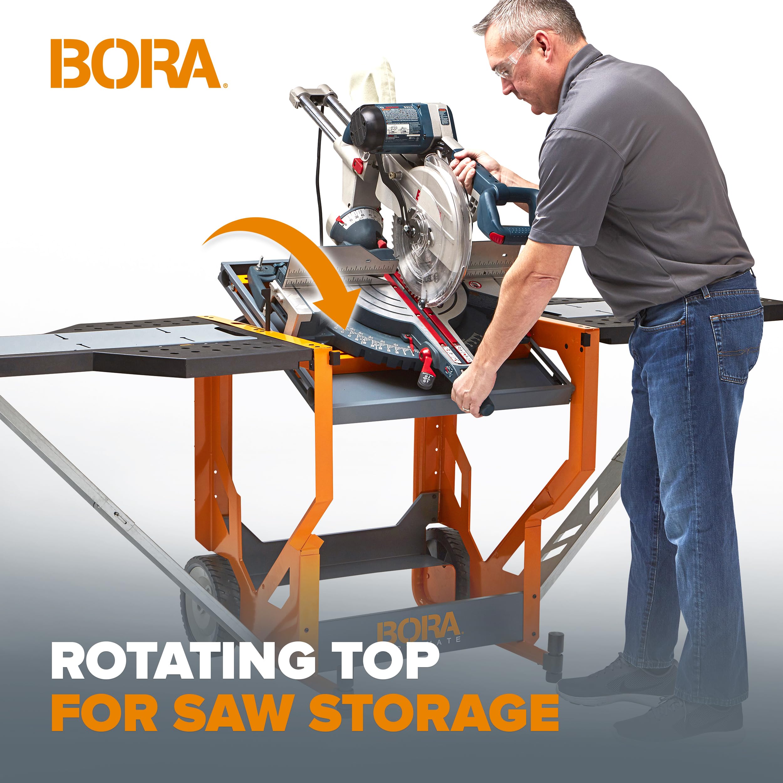 Portable Bora Portamate PM-8000 Miter Saw Stand - Heavy Duty 400 Lbs Capacity Rolling Workstation with Folding Wing Extensions | Perfect for Job Sites, Woodworking Shops & DIY Projects