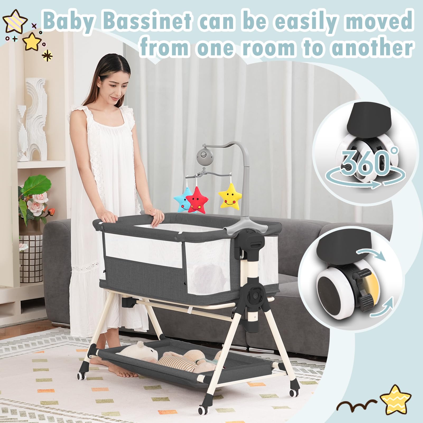**3-in-1 Adjustable Baby Bassinet with Musical Toys, Storage Basket & Wheels – Portable Rocking Crib for Newborns – Bedside Sleeper for Nursery & Travel (Black)**    *(Perfect for Co-Sleeping, Nighttime Feeding & On-the-Go Parents)*