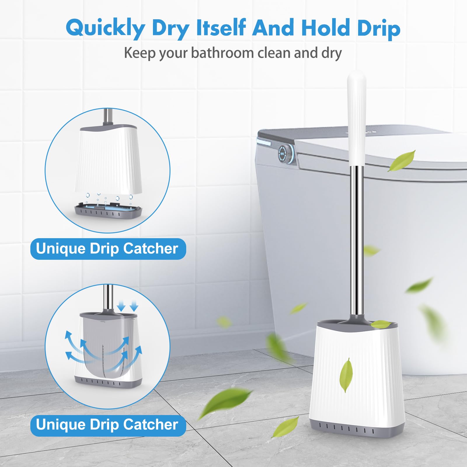 2 Pack TRENTI Silicone Toilet Brush Set with Holder - Flexible Toilet Bowl Brush & Ventilated Wall Mount Holder for Bathroom Deep Cleaning - Compact White Toilet Brush (TRTI-081) - Perfect for Small Bathrooms, RVs & Tight Spaces