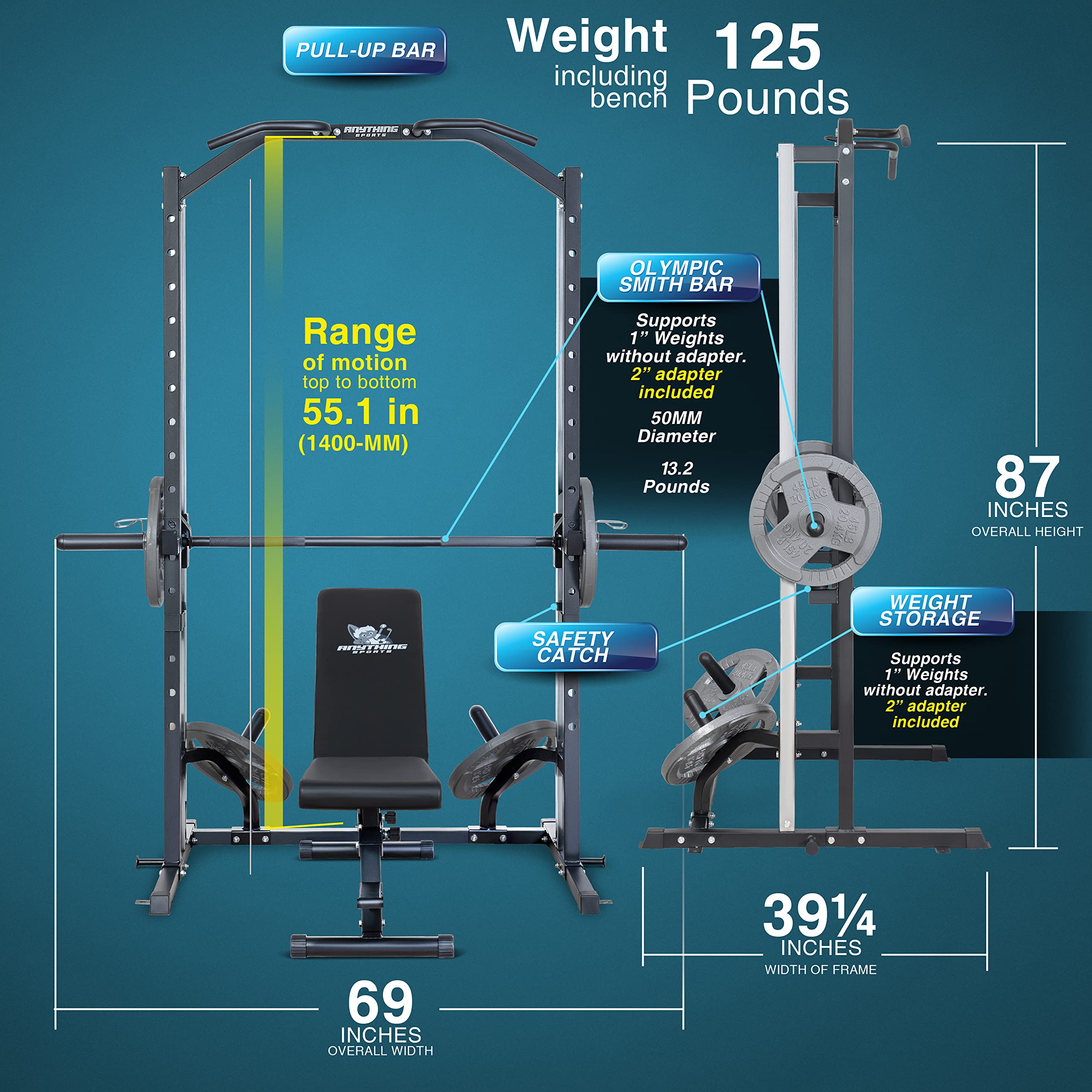 Compact Smith Machine with Adjustable Bench - Home Gym Strength Training Equipment for Full Body Workouts & Weight Lifting