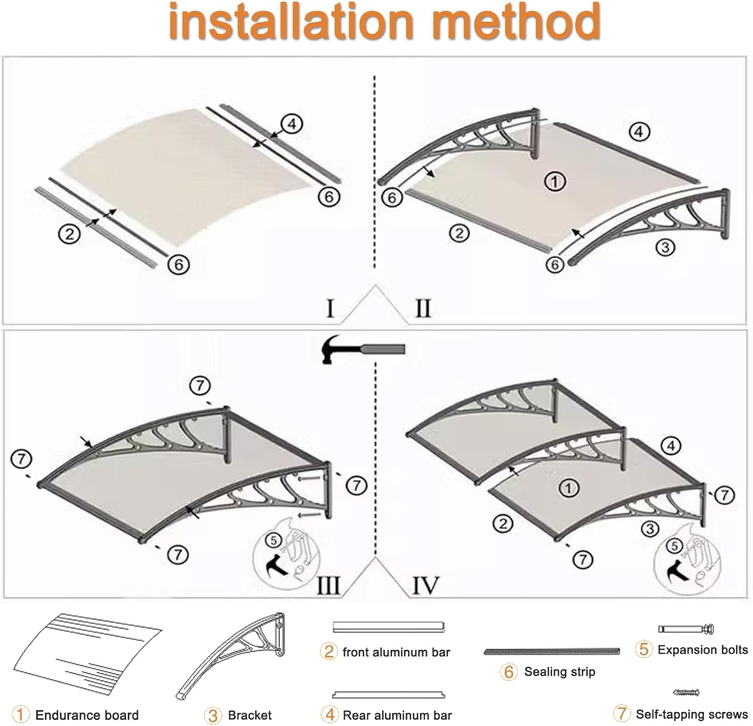 Modern DIY Aluminum Door Awning - Curved Porch & Window Cover for Rain, Snow & Sun Protection (60x160cm/24