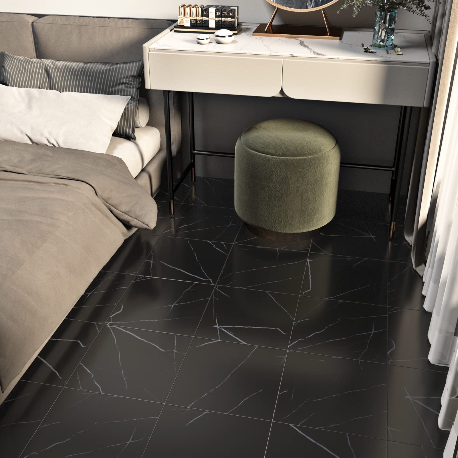 Premium Black Marble Peel and Stick Vinyl Floor Tiles - 12
