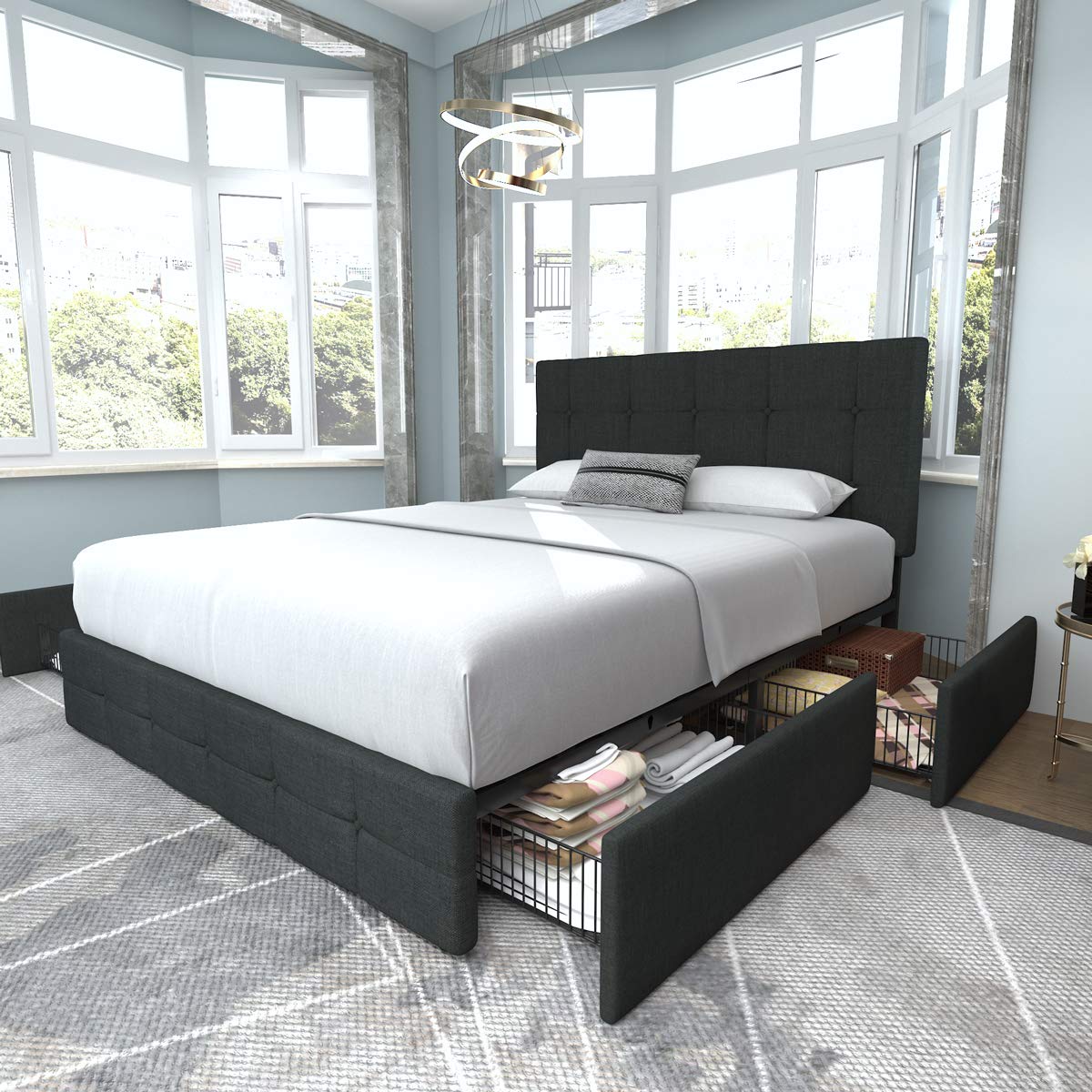 Allewie Full Size Upholstered Platform Bed Frame with 4 Storage Drawers & Headboard - Square Stitched Button Tufted Design, Wooden Slat Support (No Box Spring Needed) - Dark Grey - Perfect for Small Bedrooms, Guest Rooms & Space-Saving Storage Solutions