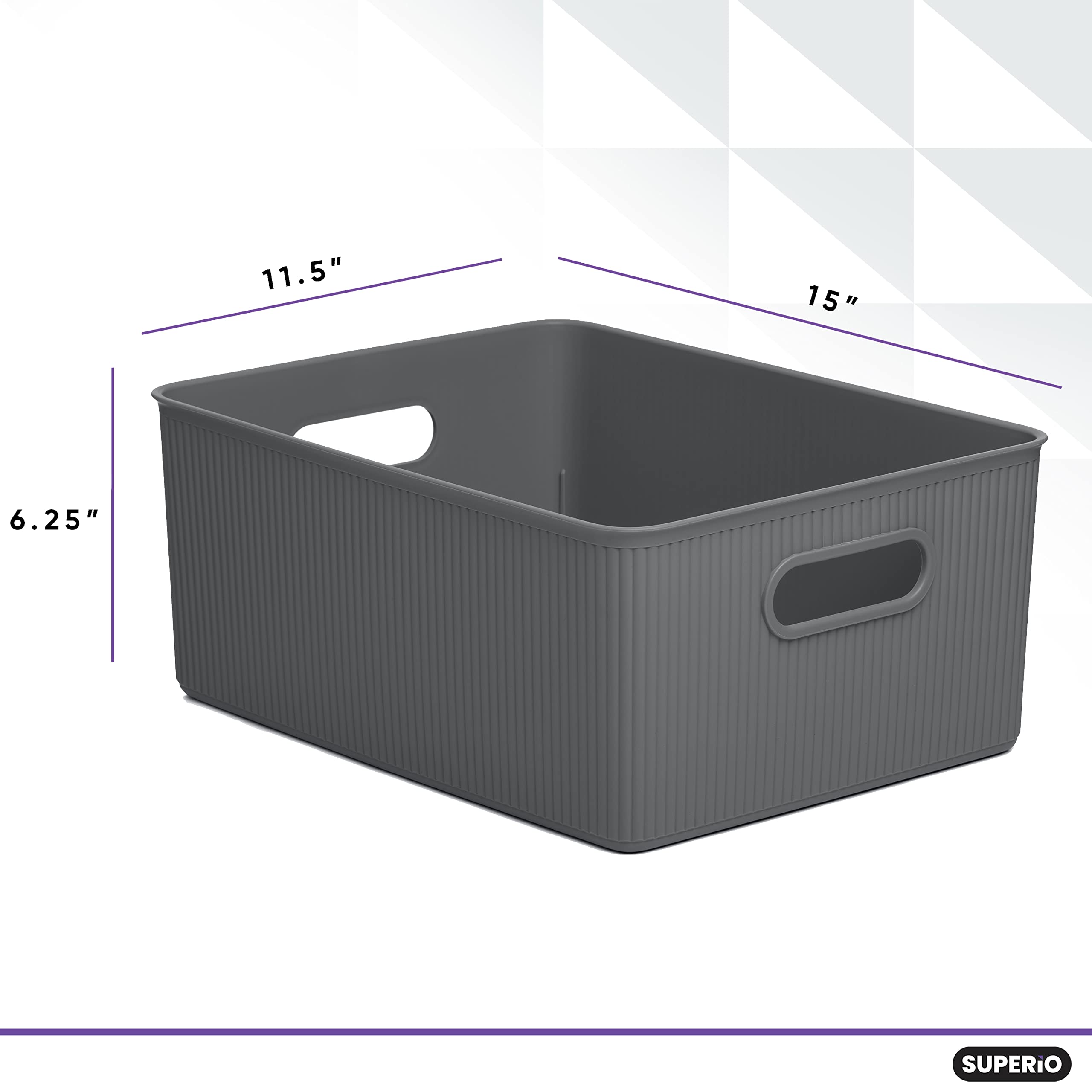 Superior Ribbed Plastic Storage Bins - 15 Liter/16 Quart Grey Organizer Baskets (1 Pack) for Home, Closet, Shelves & Drawer Organization - Perfect for Bedroom, Bathroom & Office Storage Solutions