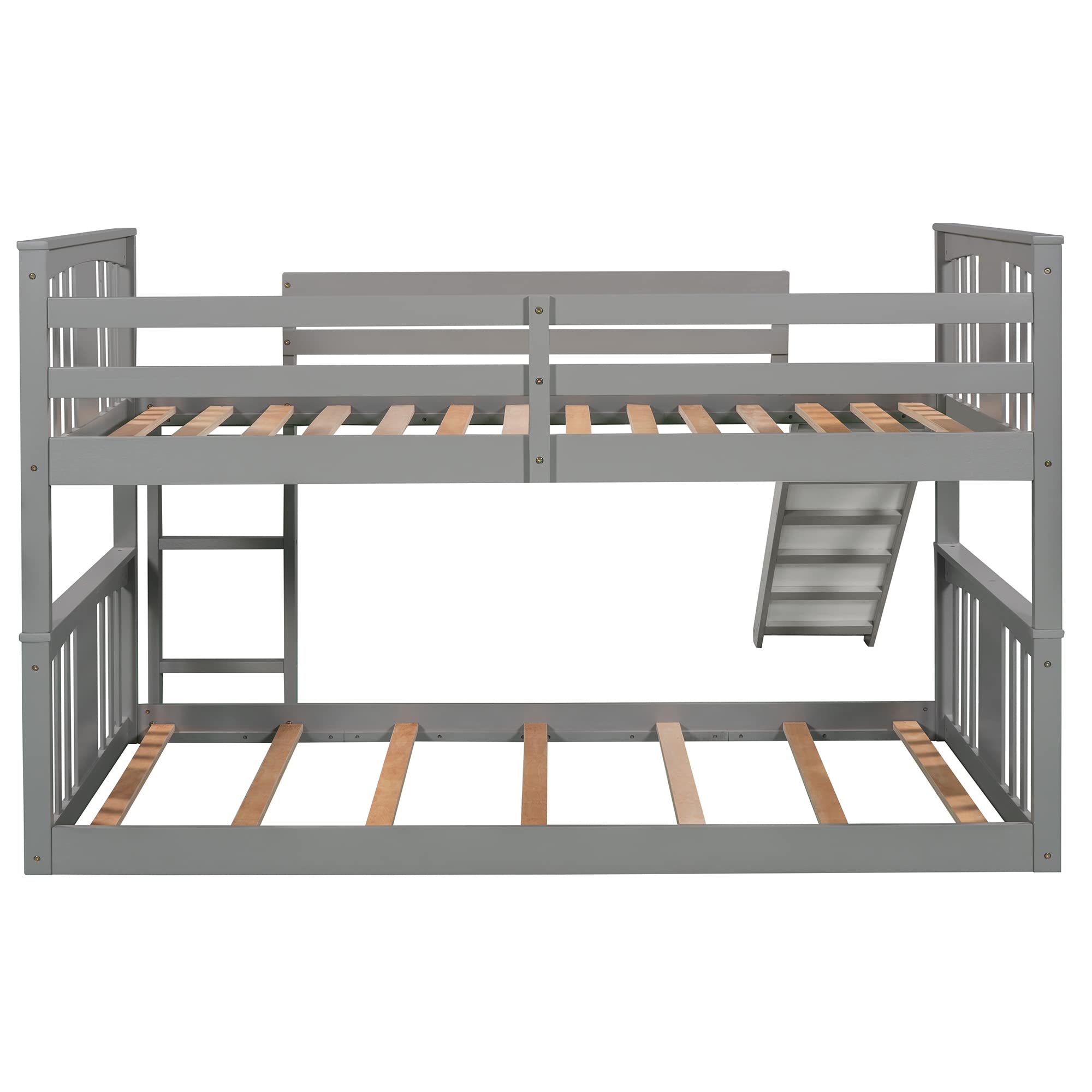 SOFTSEA Low Twin Over Twin Bunk Bed with Slide & Built-in Ladder - Kids Floor Bunk Bed for Small Spaces | Perfect for Siblings Sharing Room or Sleepovers