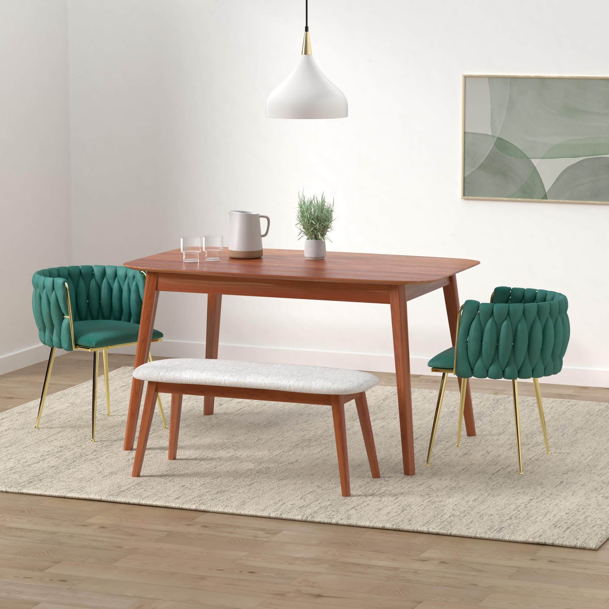 Modern Velvet Dining Chairs Set of 2 - Handwoven Upholstered Accent Chairs with Golden Metal Legs for Living Room, Dining Room & Kitchen Vanity | Emerald Green Luxury Seating for Home Decor & Entertaining