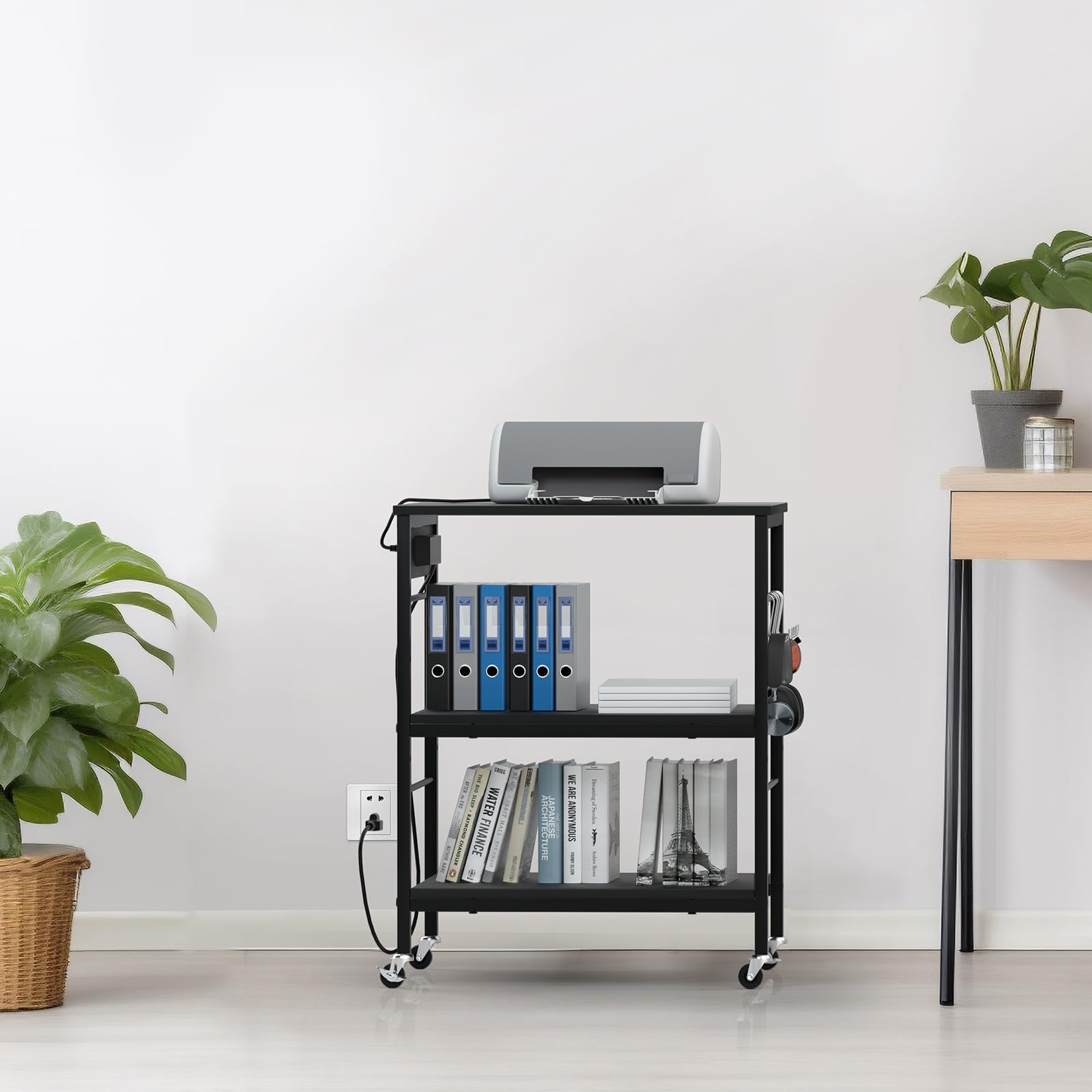 3-Tier Bakers Rack with Power Outlet & Microwave Shelf - Black Kitchen Cart on Wheels with Storage & 10 S-Hooks - Coffee Bar Table for Living Room, Dining Room, Office & Small Space Kitchen Organization