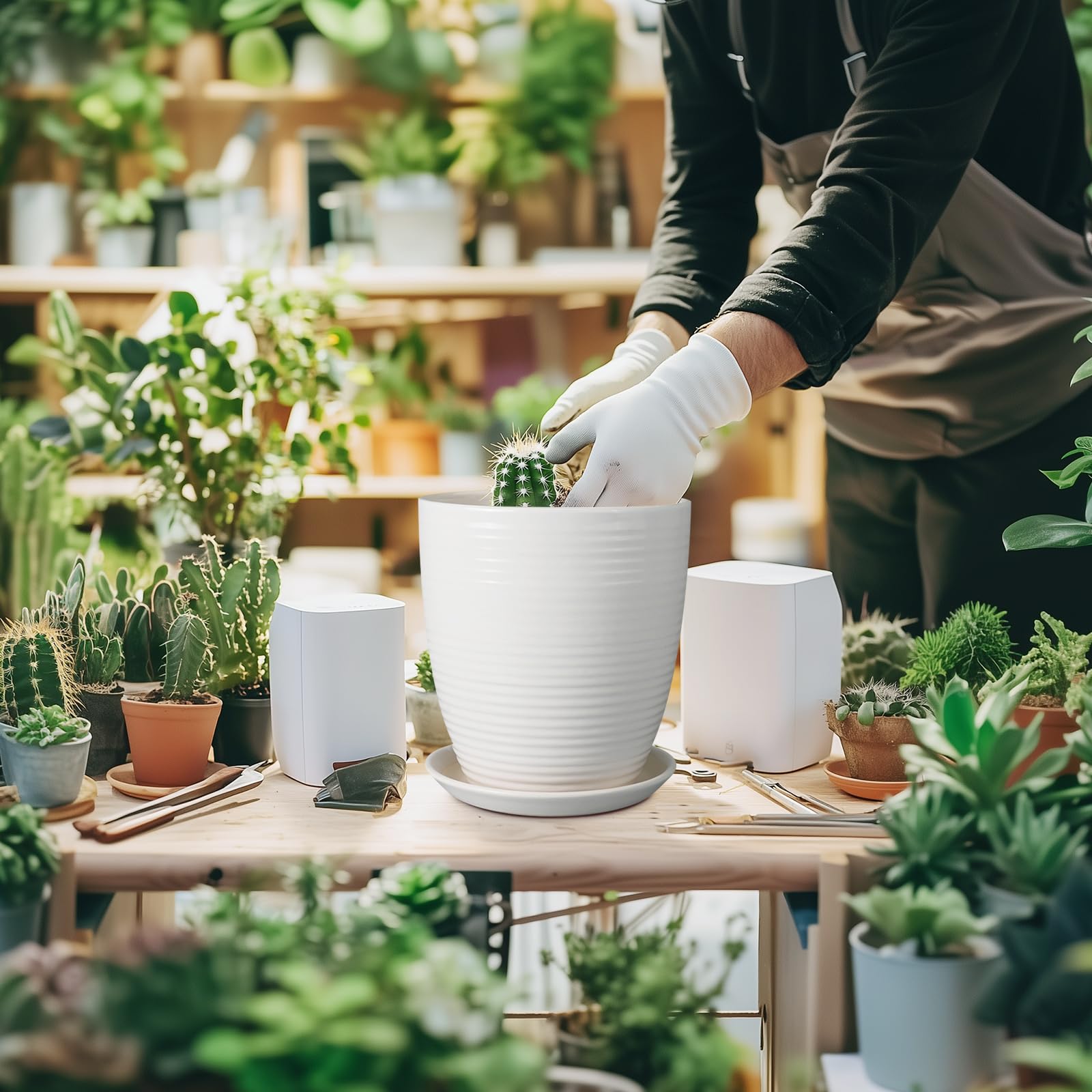 8 Inch White Ceramic Planter Pot with Drainage Hole & Saucer - Modern Round Flower Pot for Indoor & Outdoor Plants - Perfect for Home Decor, Office, Garden, and Patio