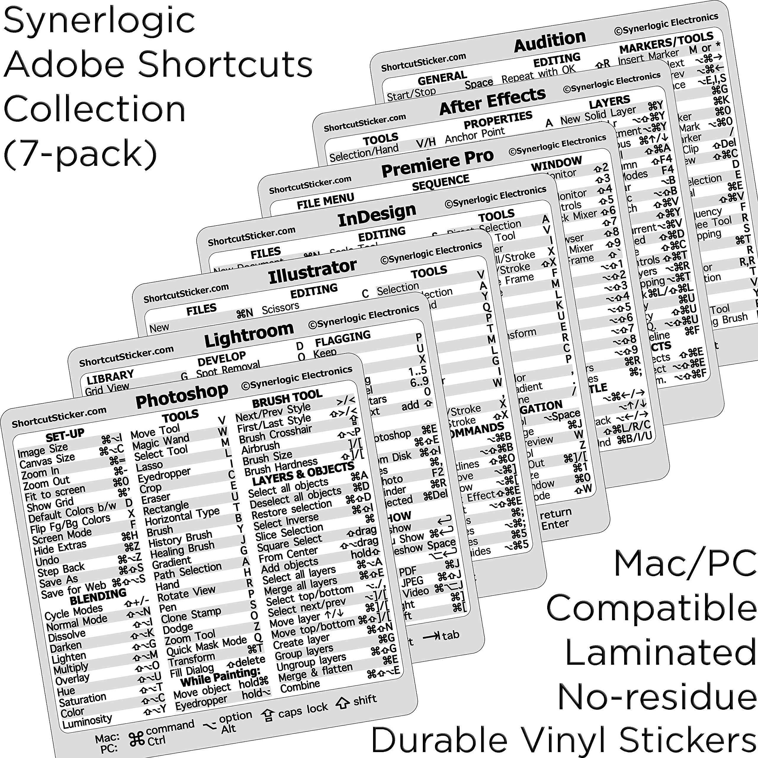 SYNERLOGIC Adobe Collection 7-in-1 Keyboard Shortcut Sticker - No-Residue Laminated Vinyl for MacBook & Windows PC - Photoshop, Illustrator, InDesign Shortcuts - Perfect for Graphic Designers & Video Editors